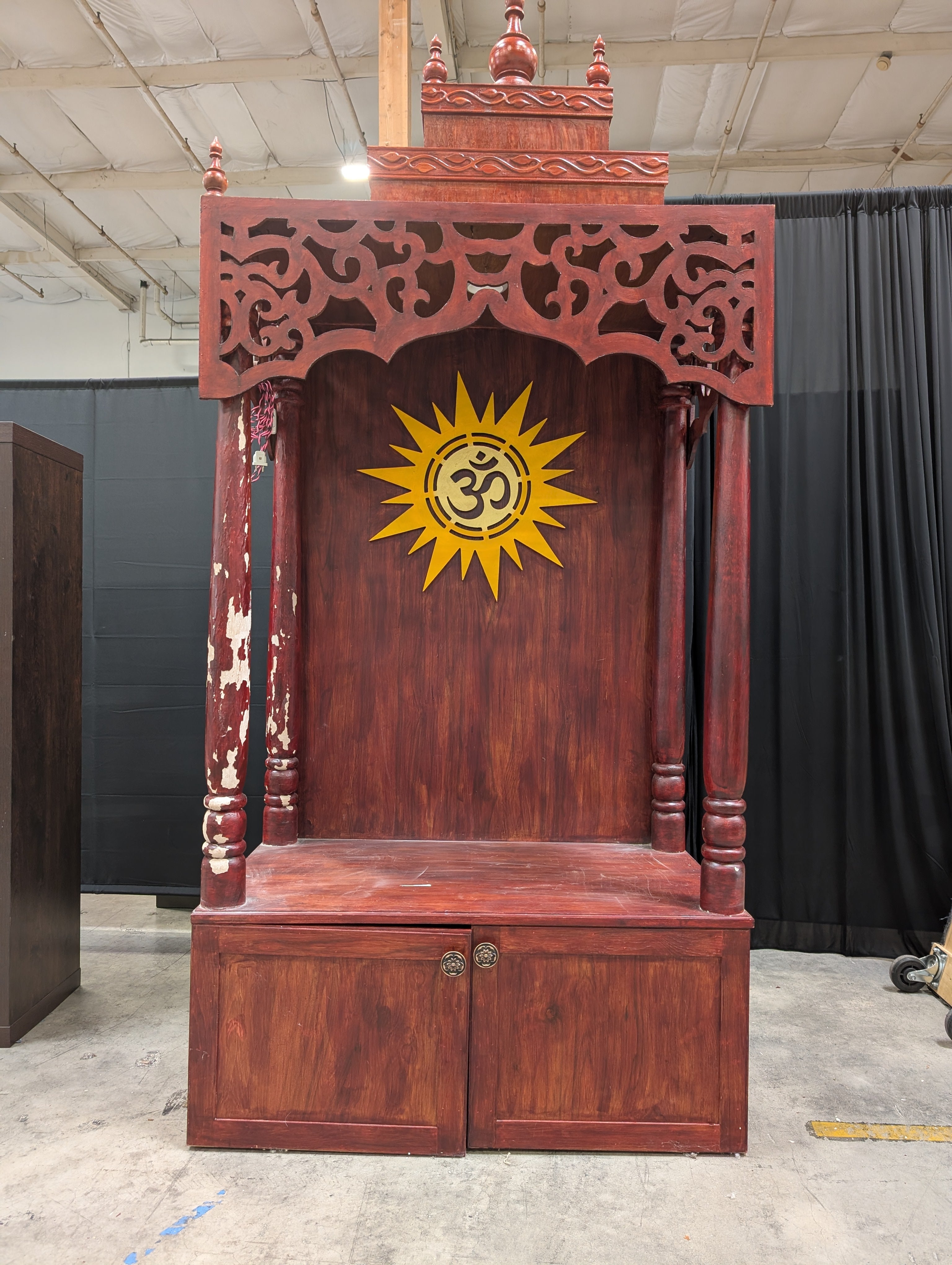 Carved Wooden Red Pooja Mandir with Cabinet