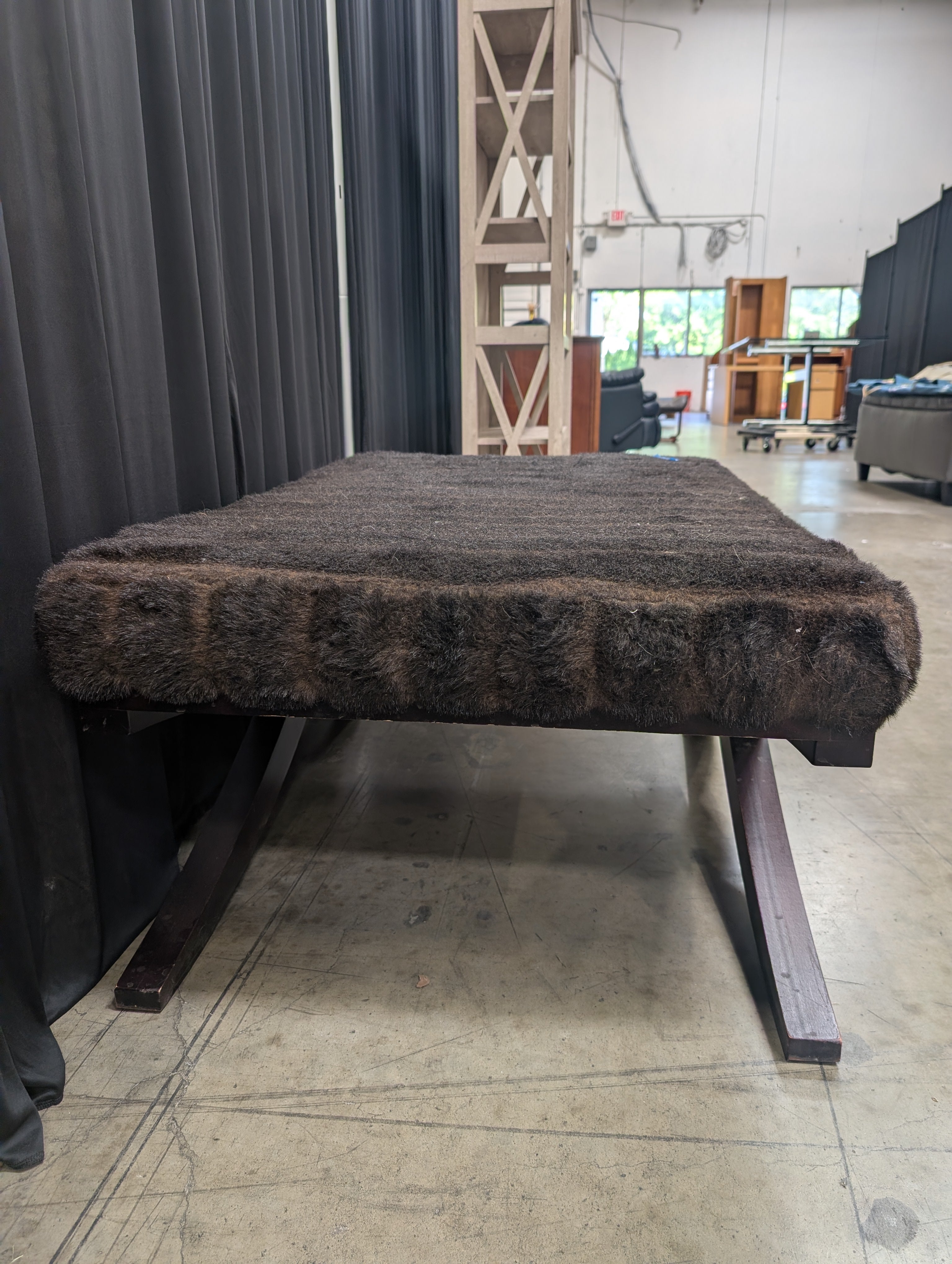 Ribbed Faux Fur X-Base Ottoman in Dark Wood
