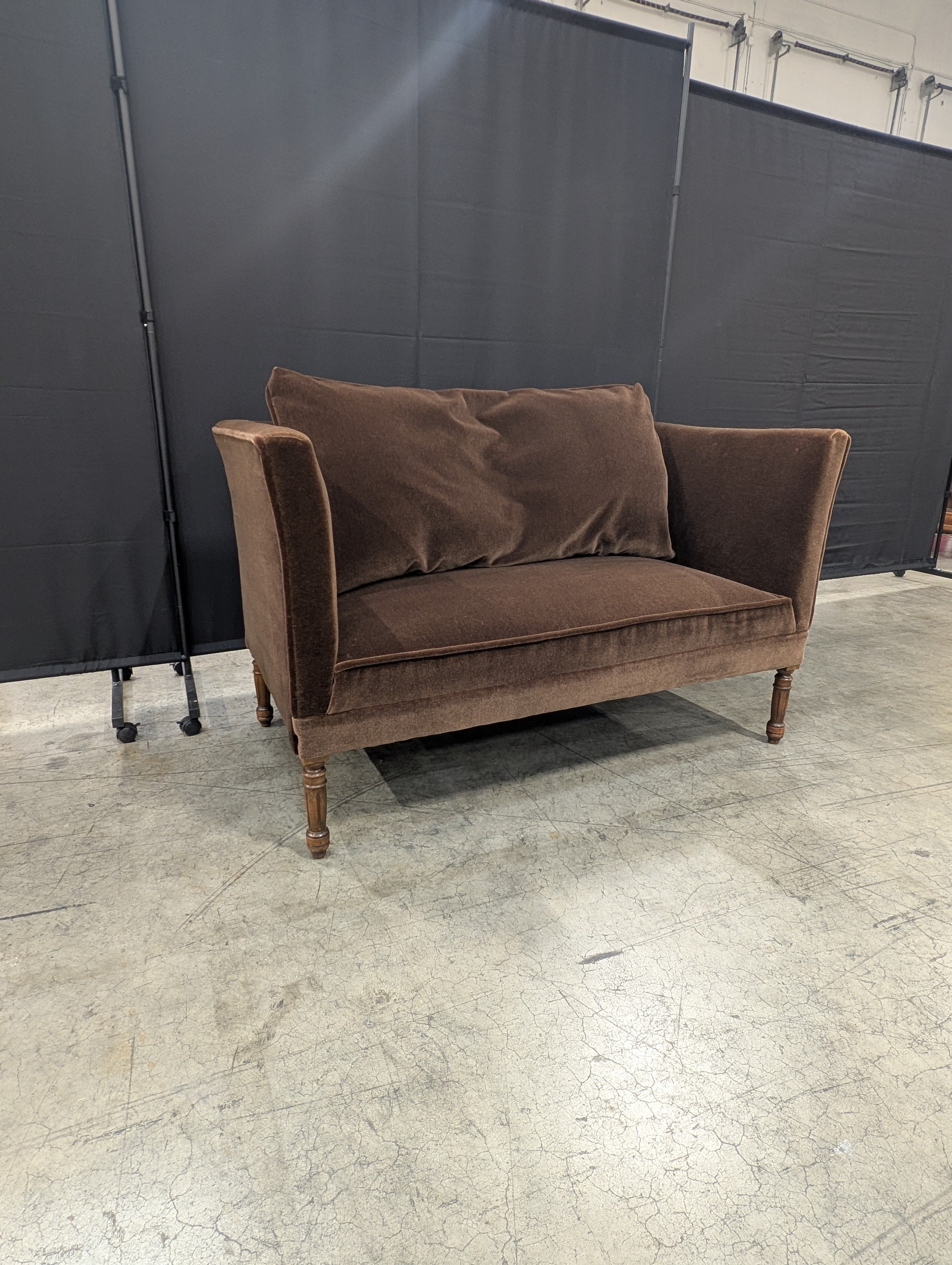 Brown Velvet Two-Seater Settee with Tapered Legs