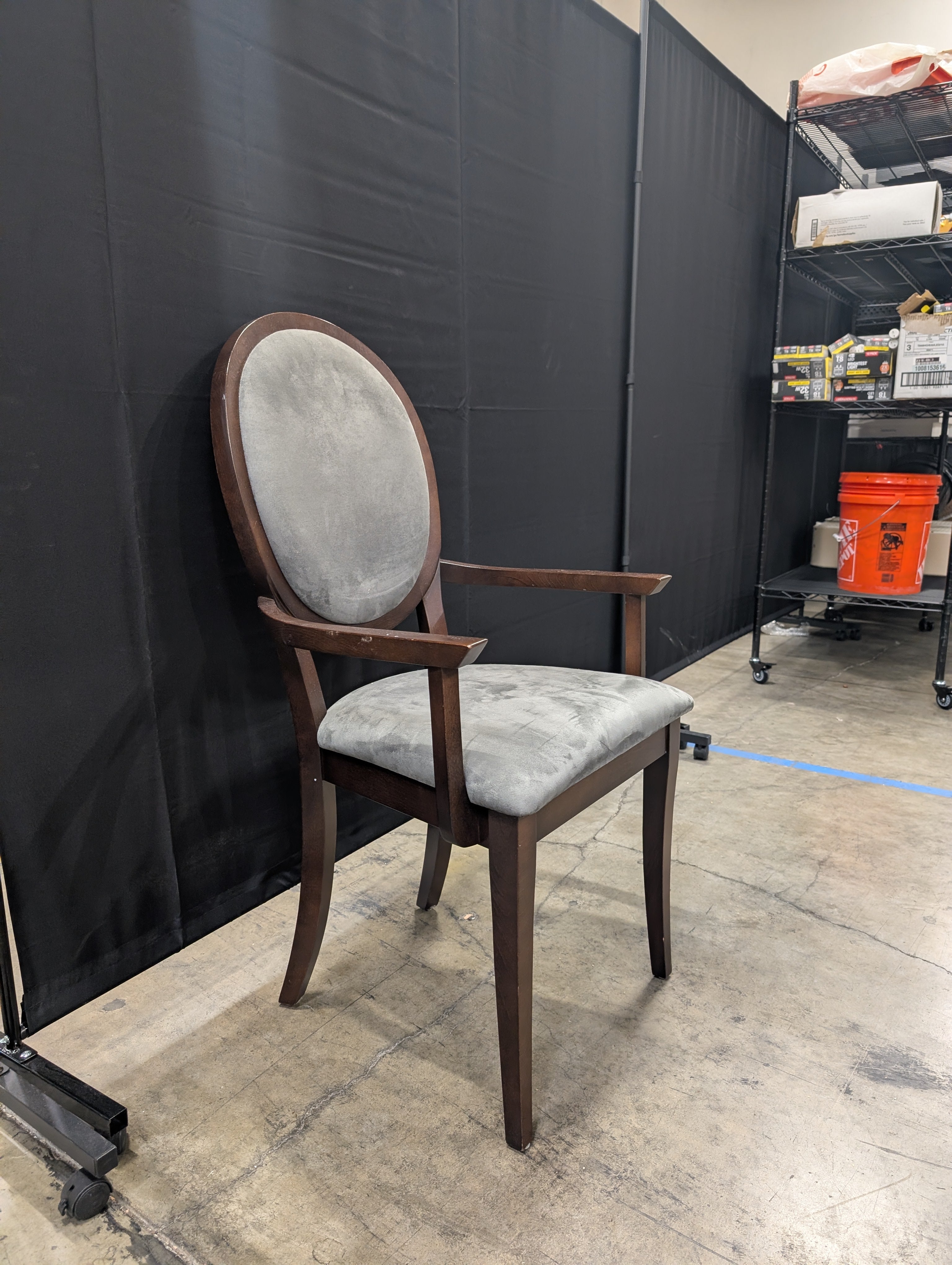 Dinec Oval Back Wood Armchair with Grey Upholstery