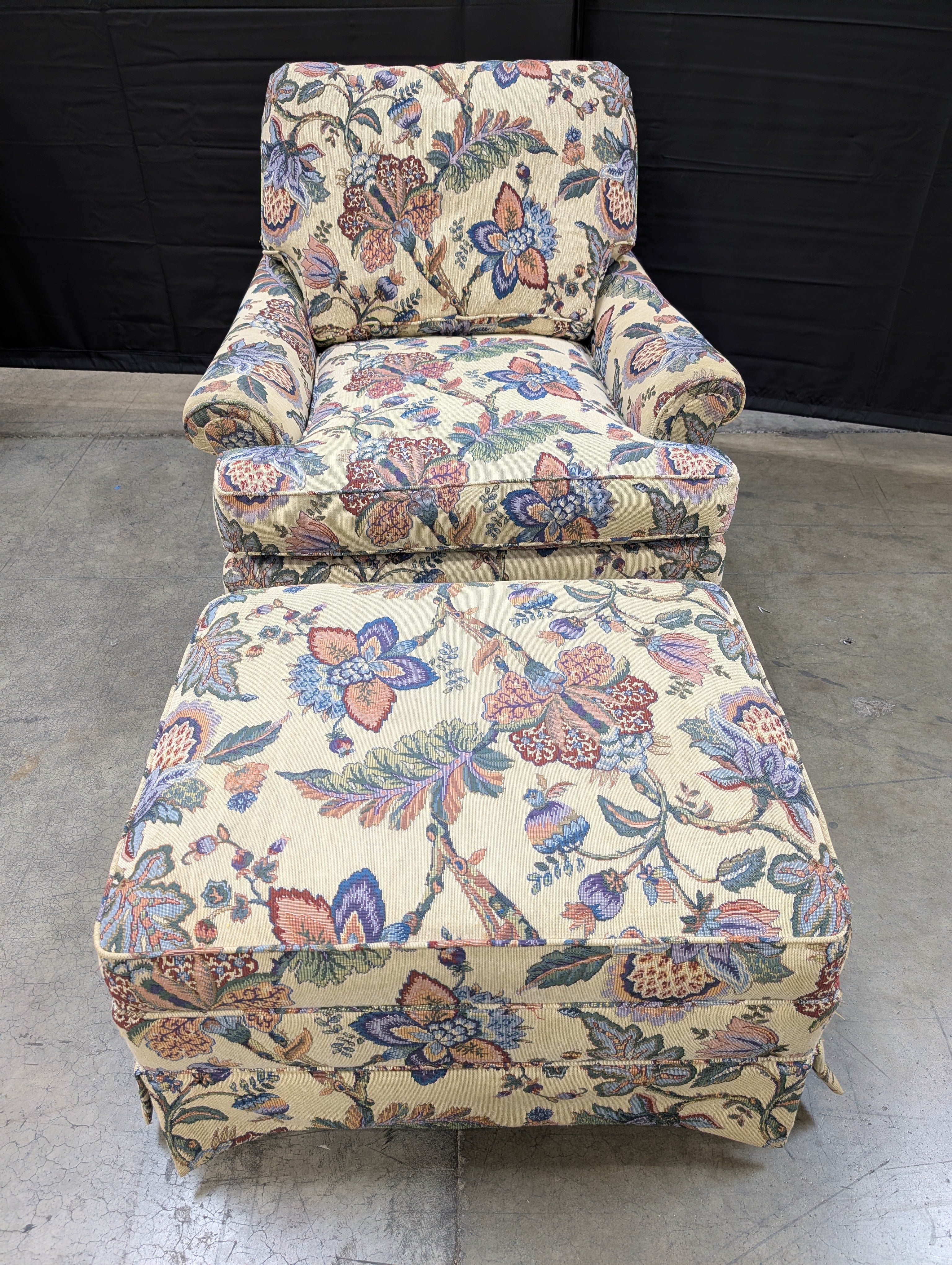 Charming Floral Upholstered Armchair and Ottoman Set