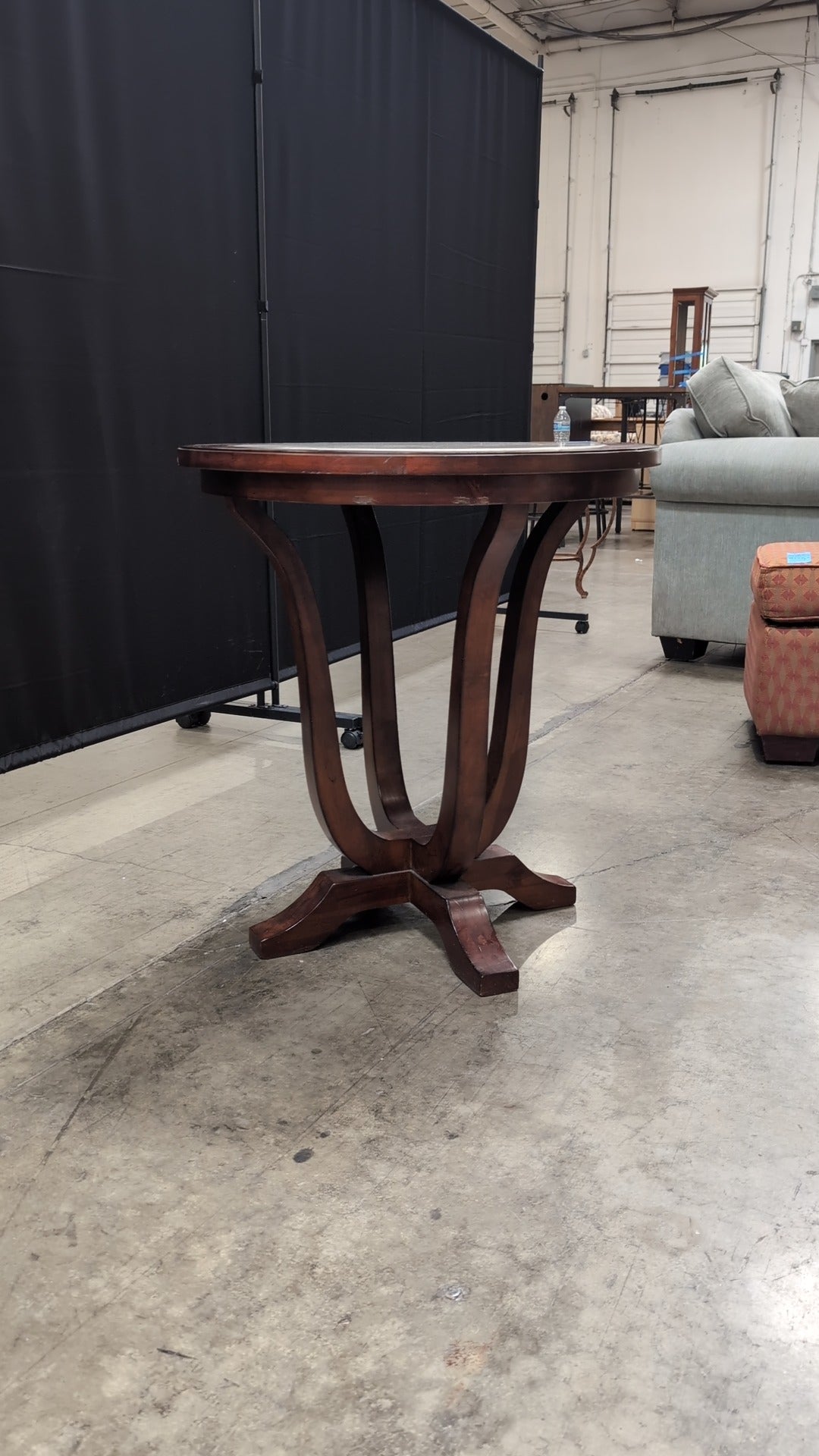 Round Wood Pedestal End Table with Inlaid Stone Top