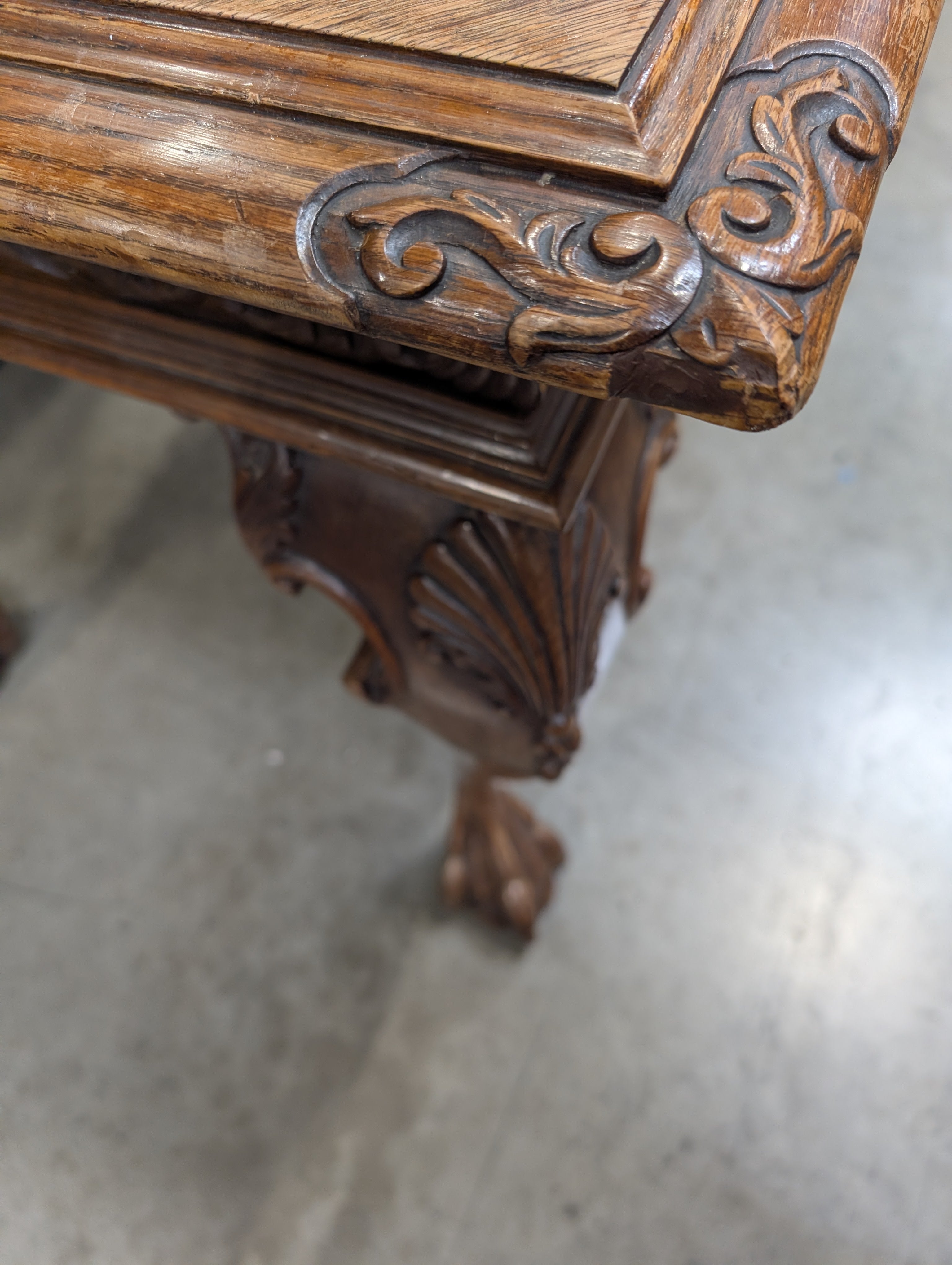 Ornate Carved Wood Desk with Reddish-Brown Top