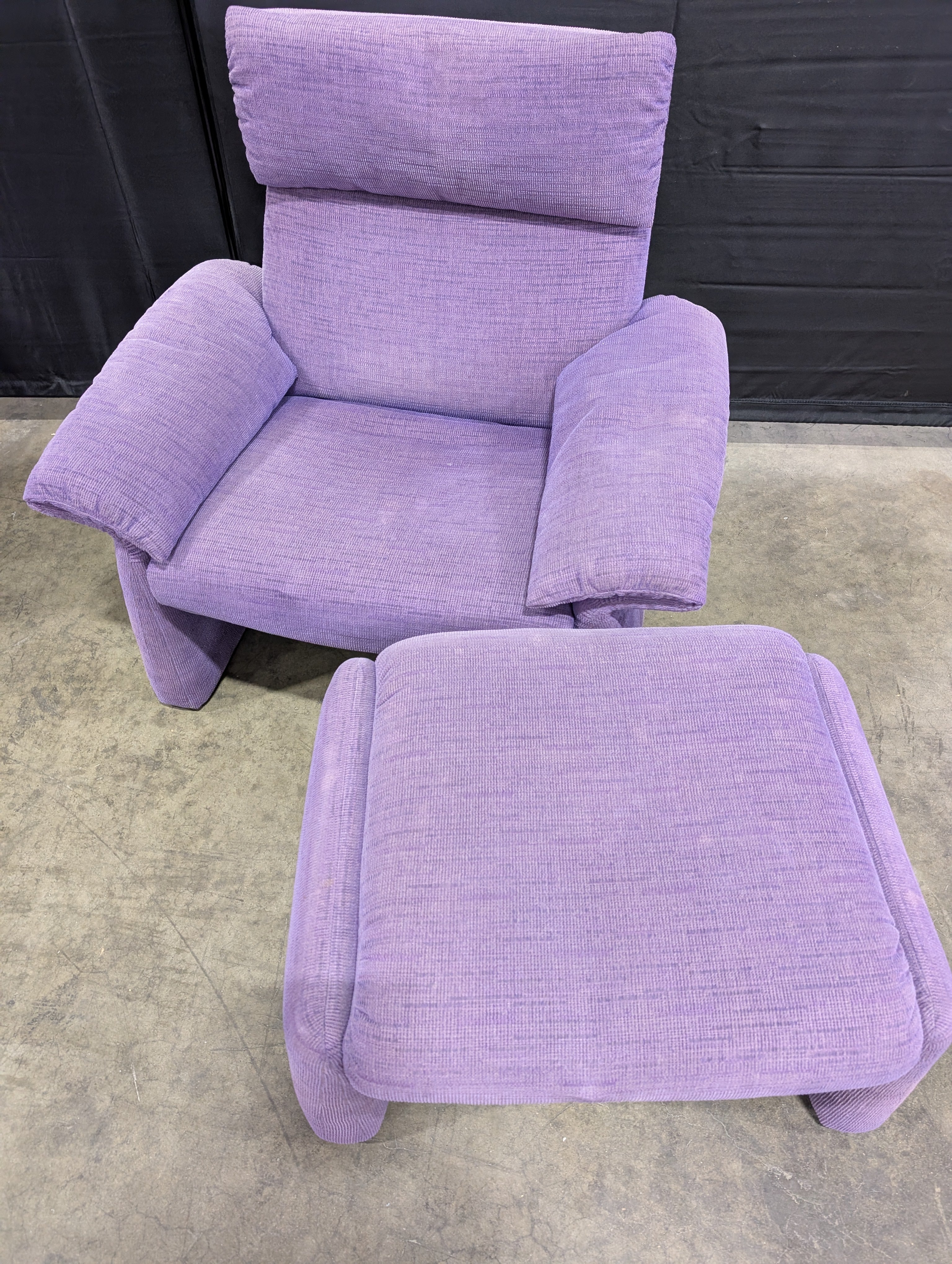 Used Purple Fabric Armchair with Matching Ottomans