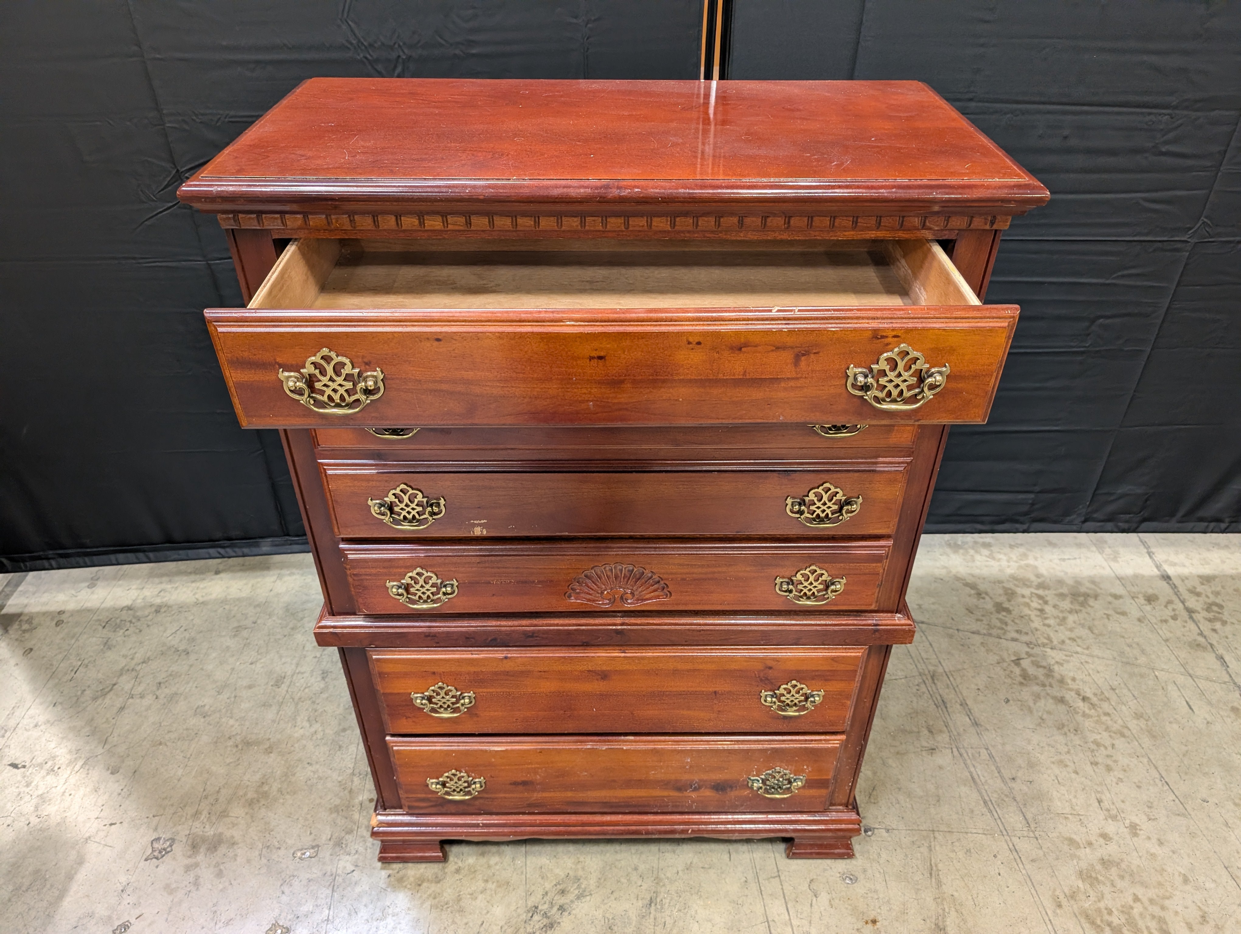 Classic Cherry Finish Tall Chest of Drawers with Brass Hardware