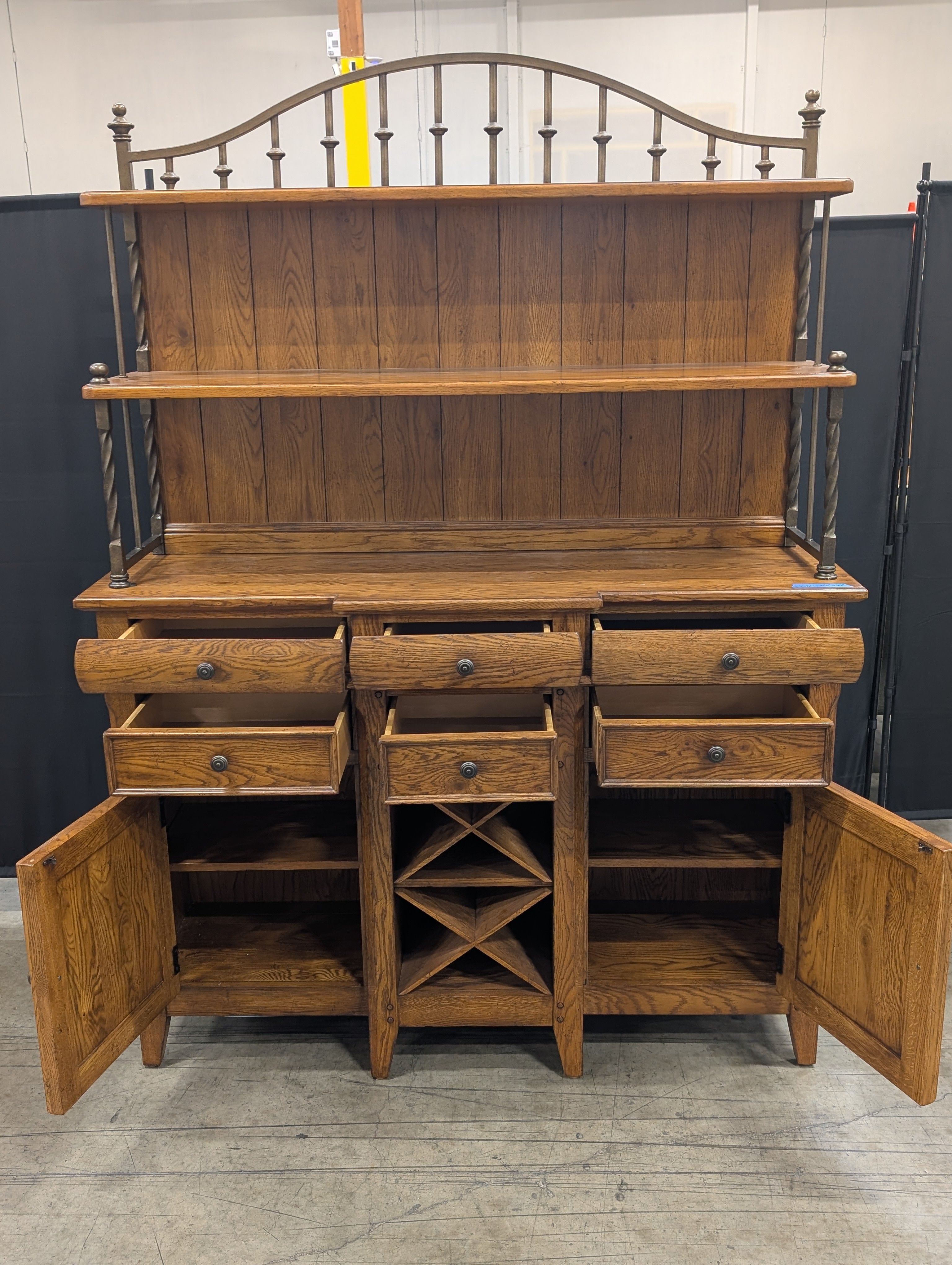 Thomasville Rustic Wood and Dark Metal Hutch Cabinet with Wine Rack