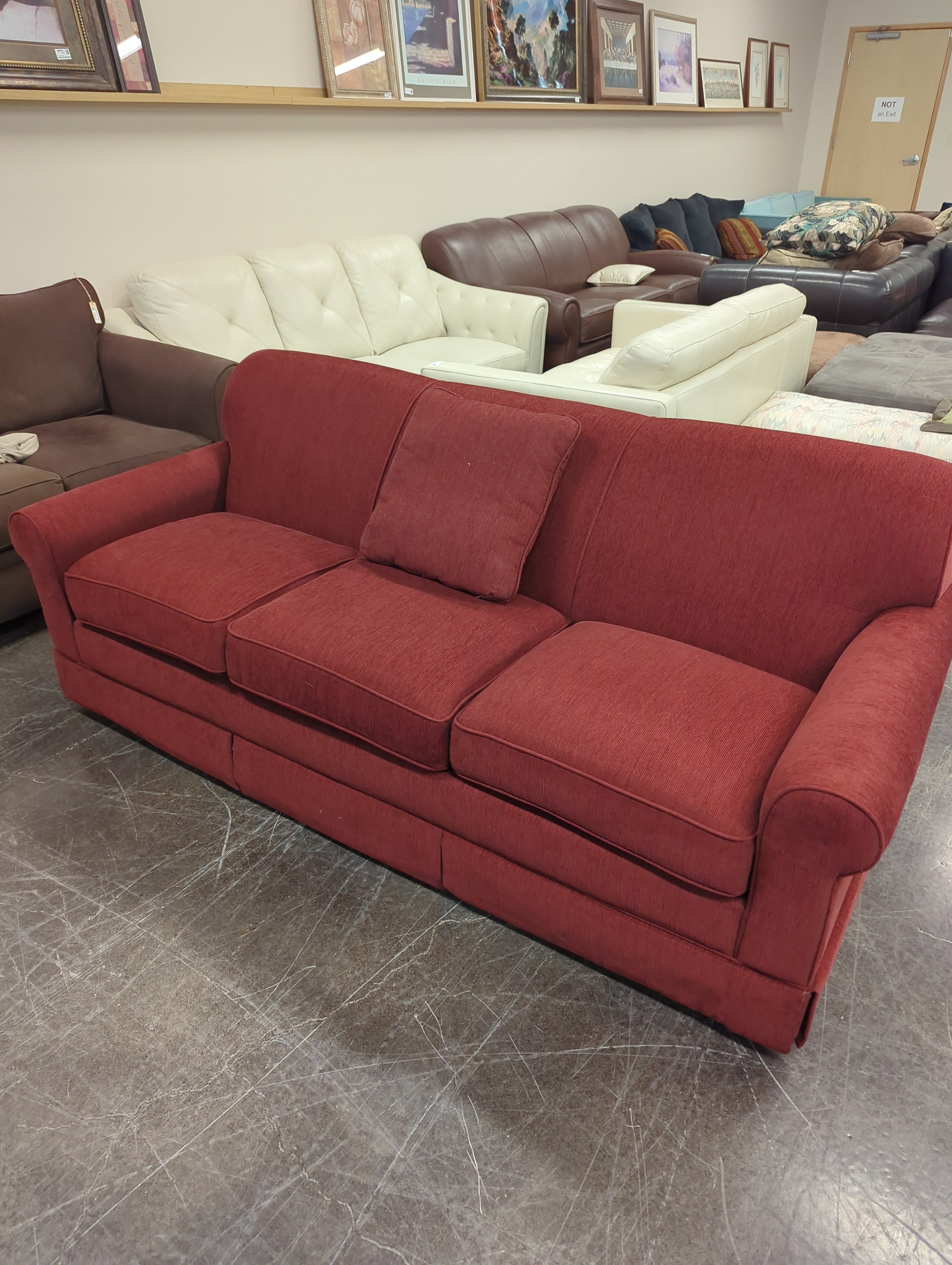 Textured LazyBoy Burgundy Fabric Sofa with Wood Legs