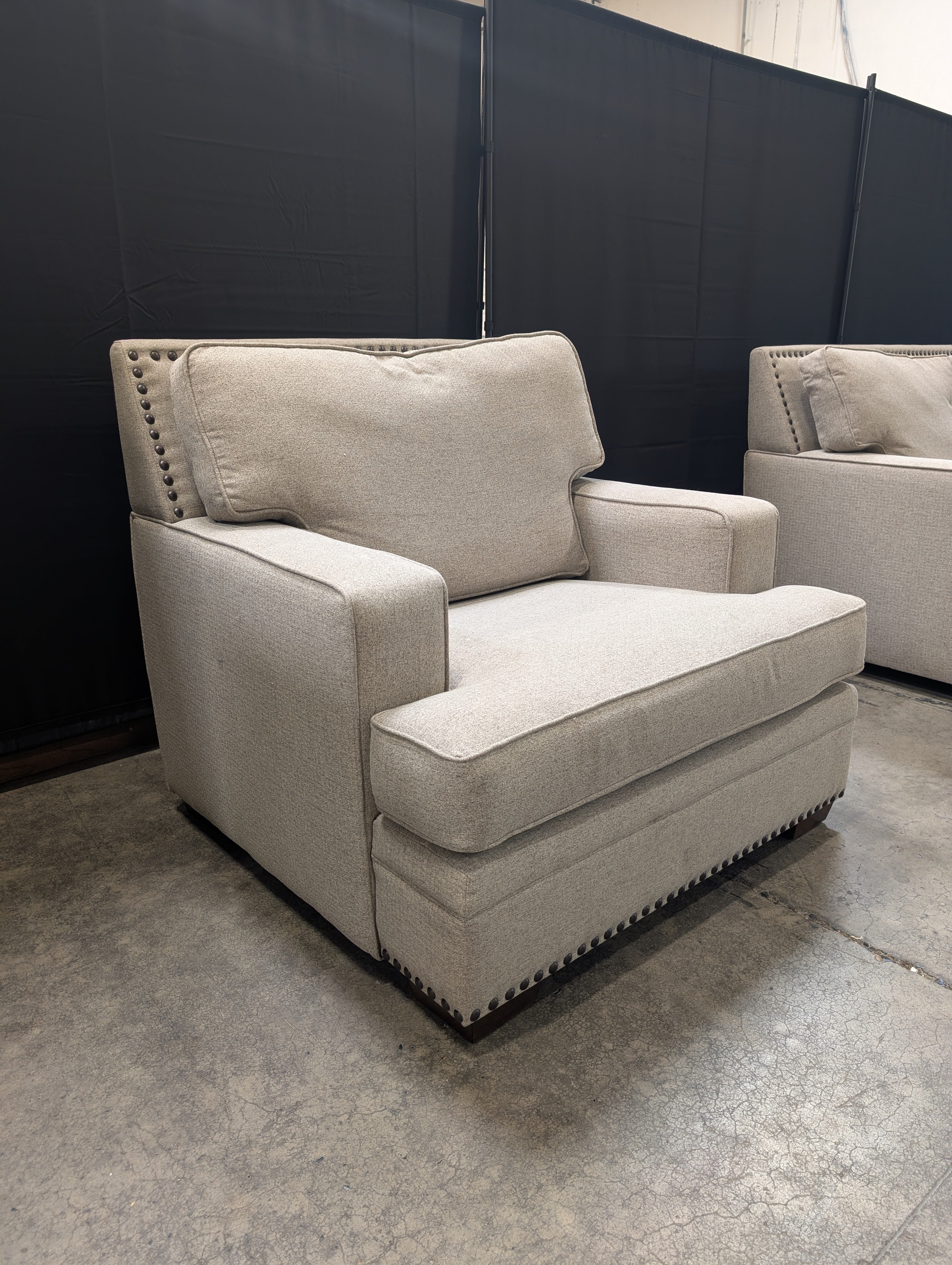 Grey Fabric Upholstered Armchair with Nailhead Trim