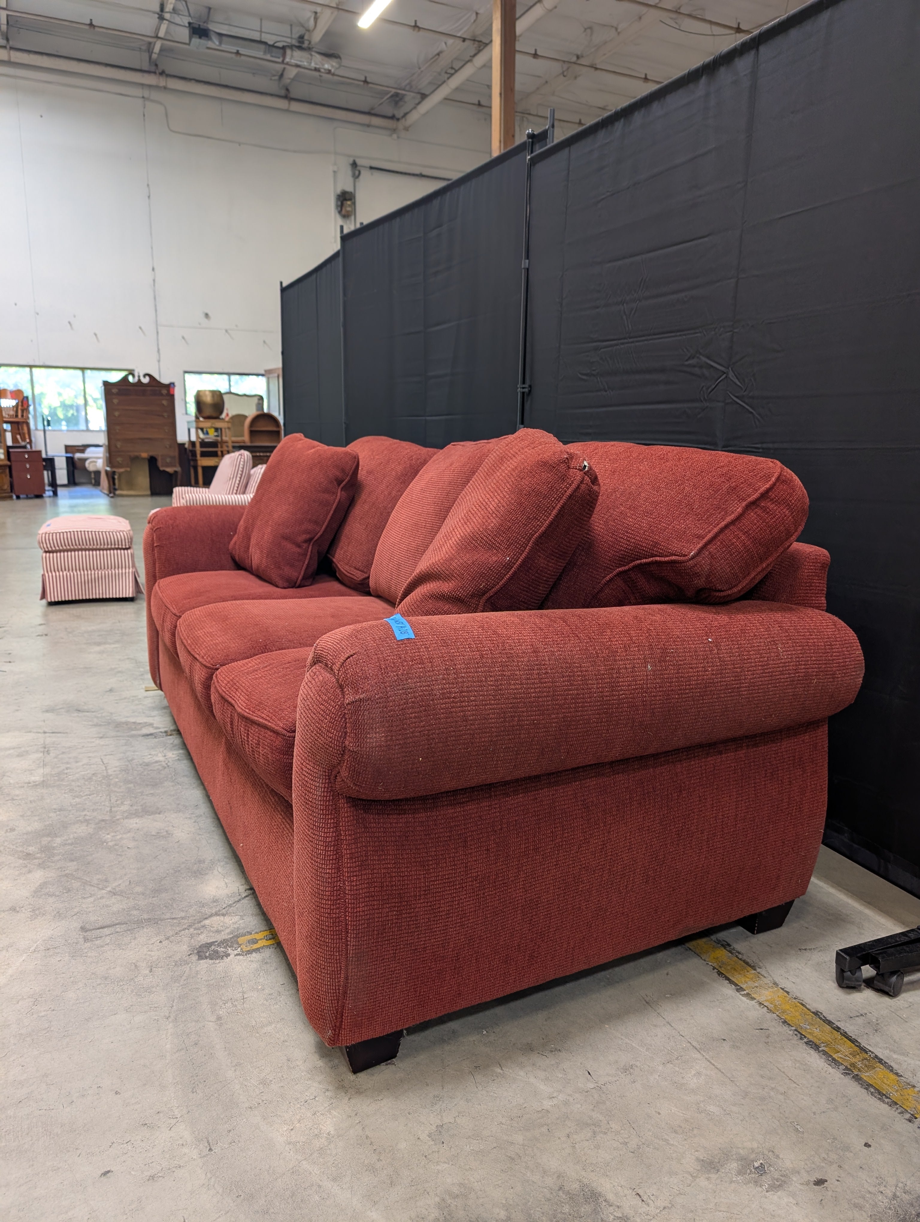 Red Textured Fabric Couch with Rolled Arms
