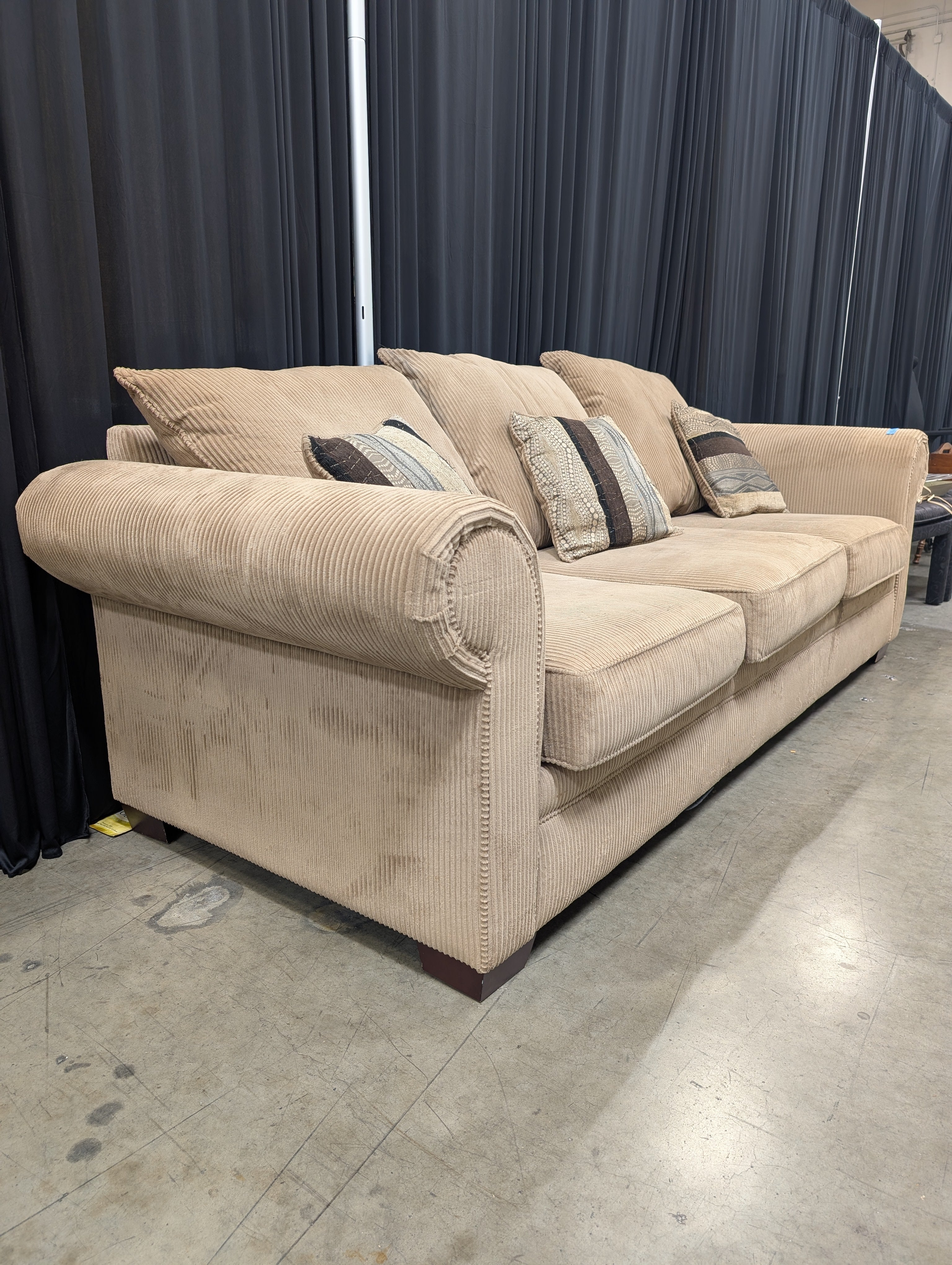 Three-Seat Tan Roll-Arm Couch in Corduroy