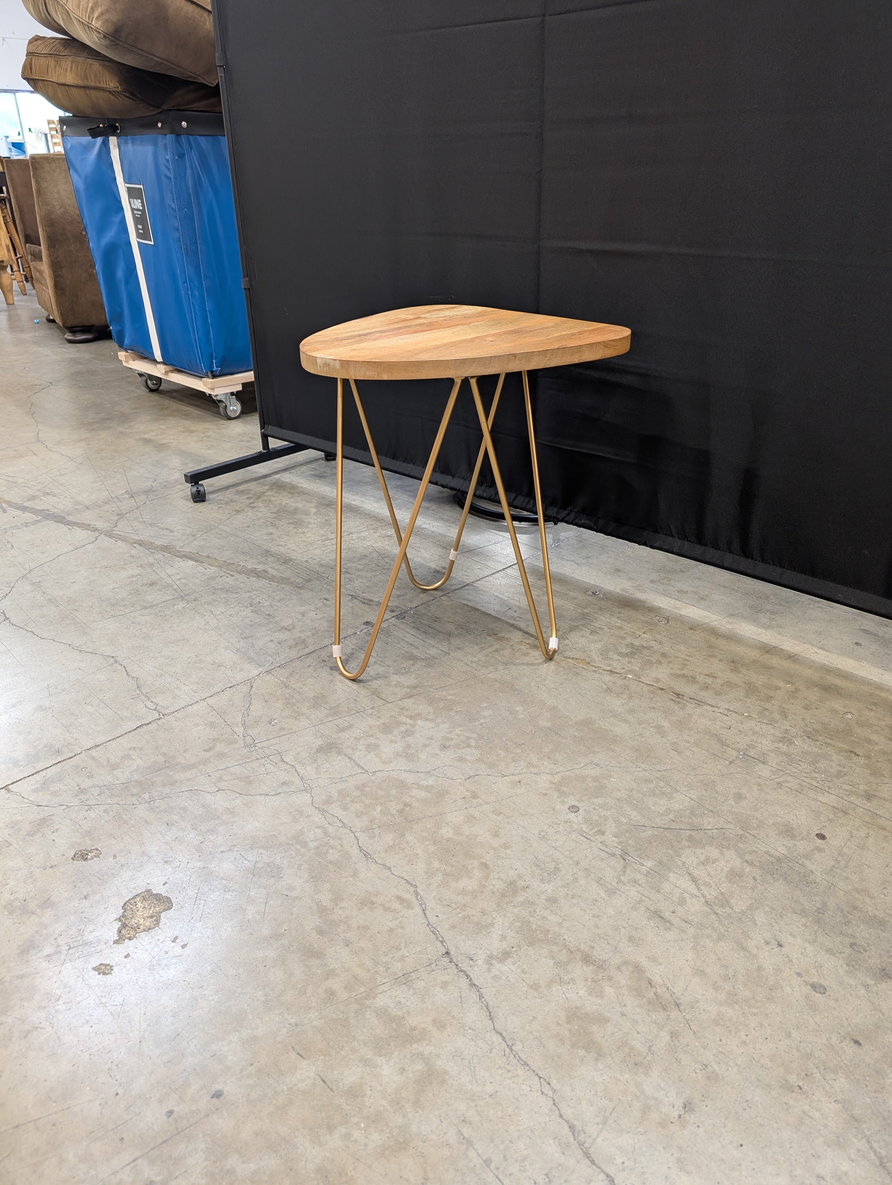 Mid-Century Modern Natural Wood Irregular Side Table with Gold Hairpin Legs
