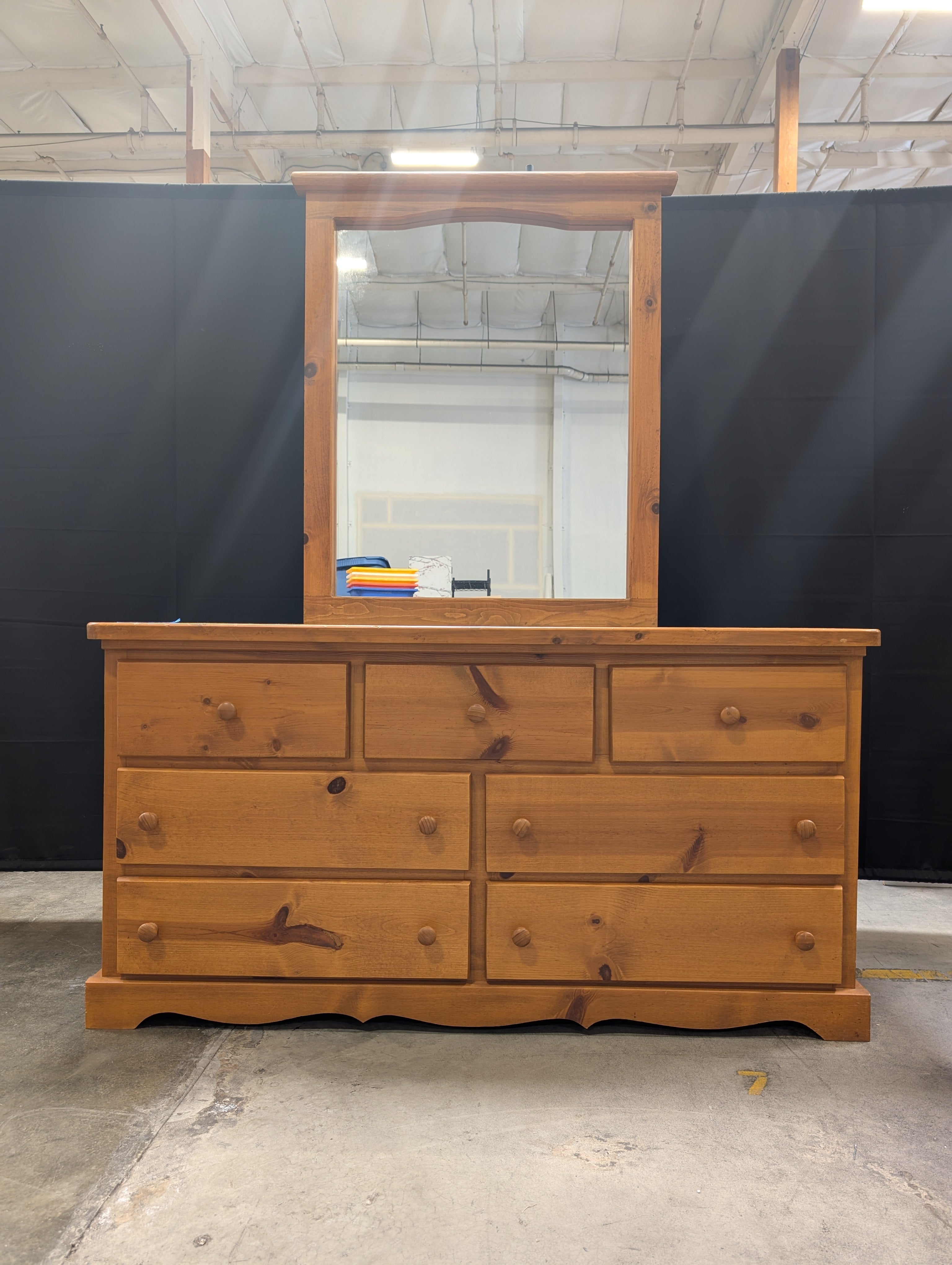 Solid Wood Dresser with Matching Arched Mirror, Honey Pine Finish