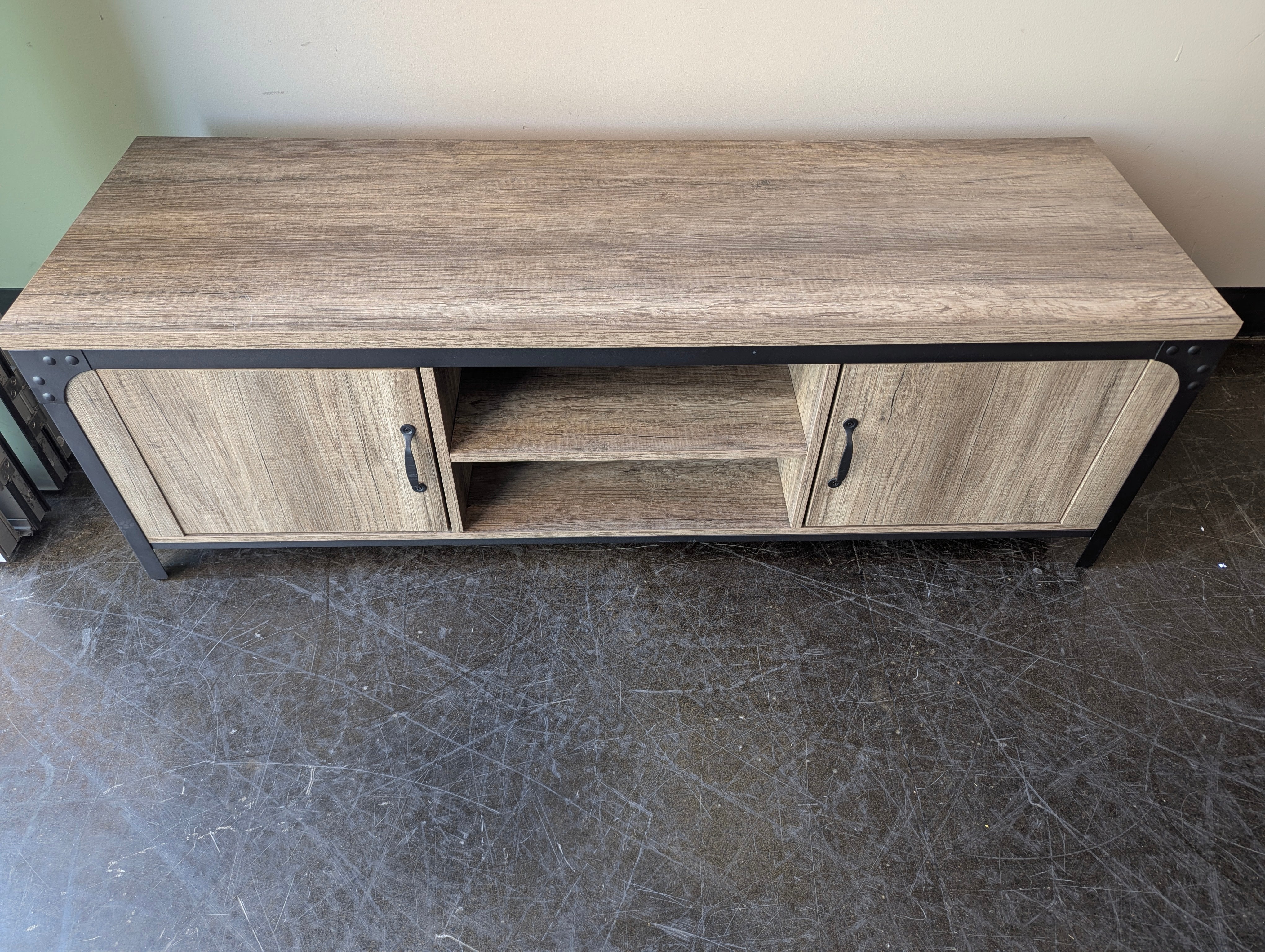 Rustic Gray Wood Media Console with Black Metal Accents