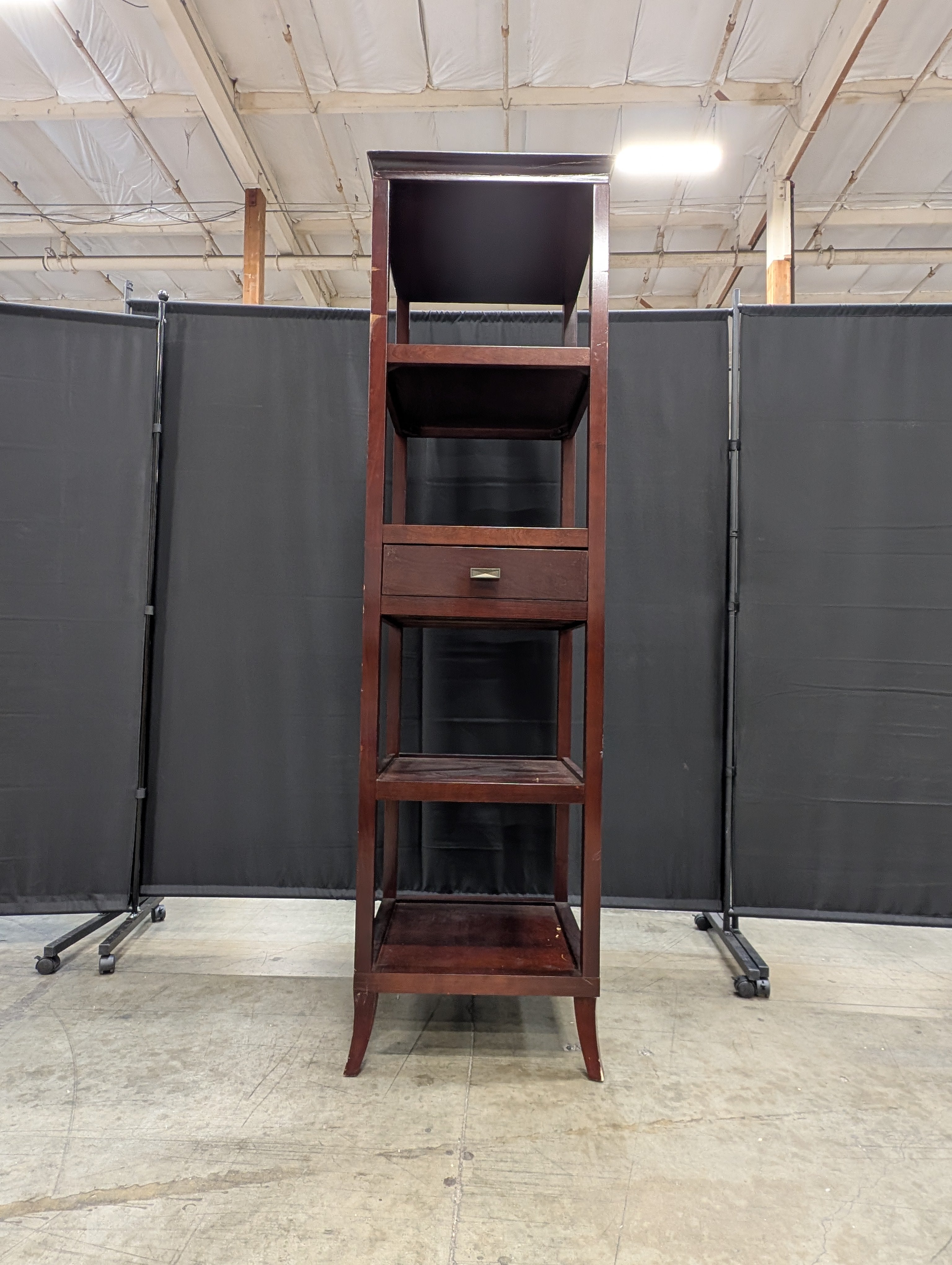 Tall Dark Wood Display Shelf with Single Drawer