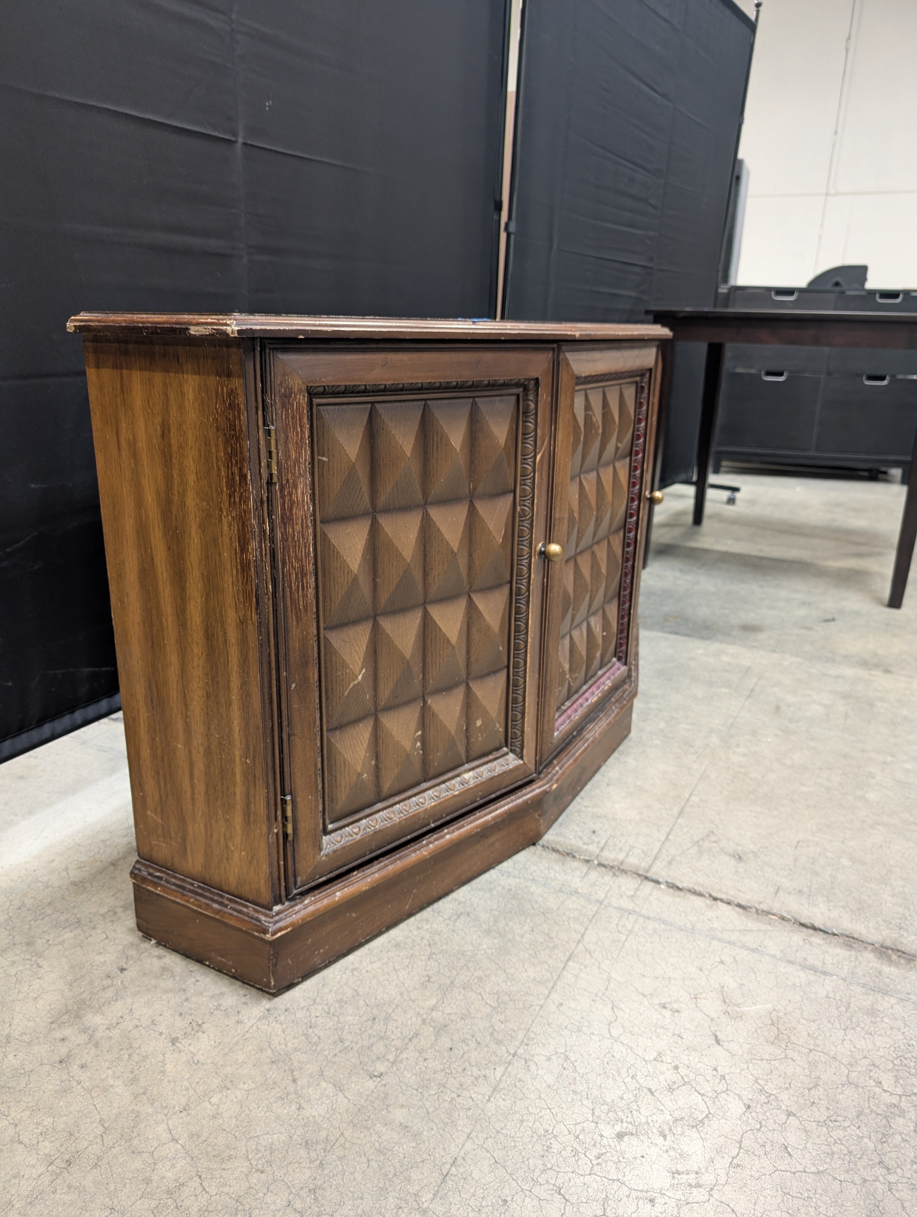Vintage Dark Wood Corner Storage Cabinet with Geometric Doors