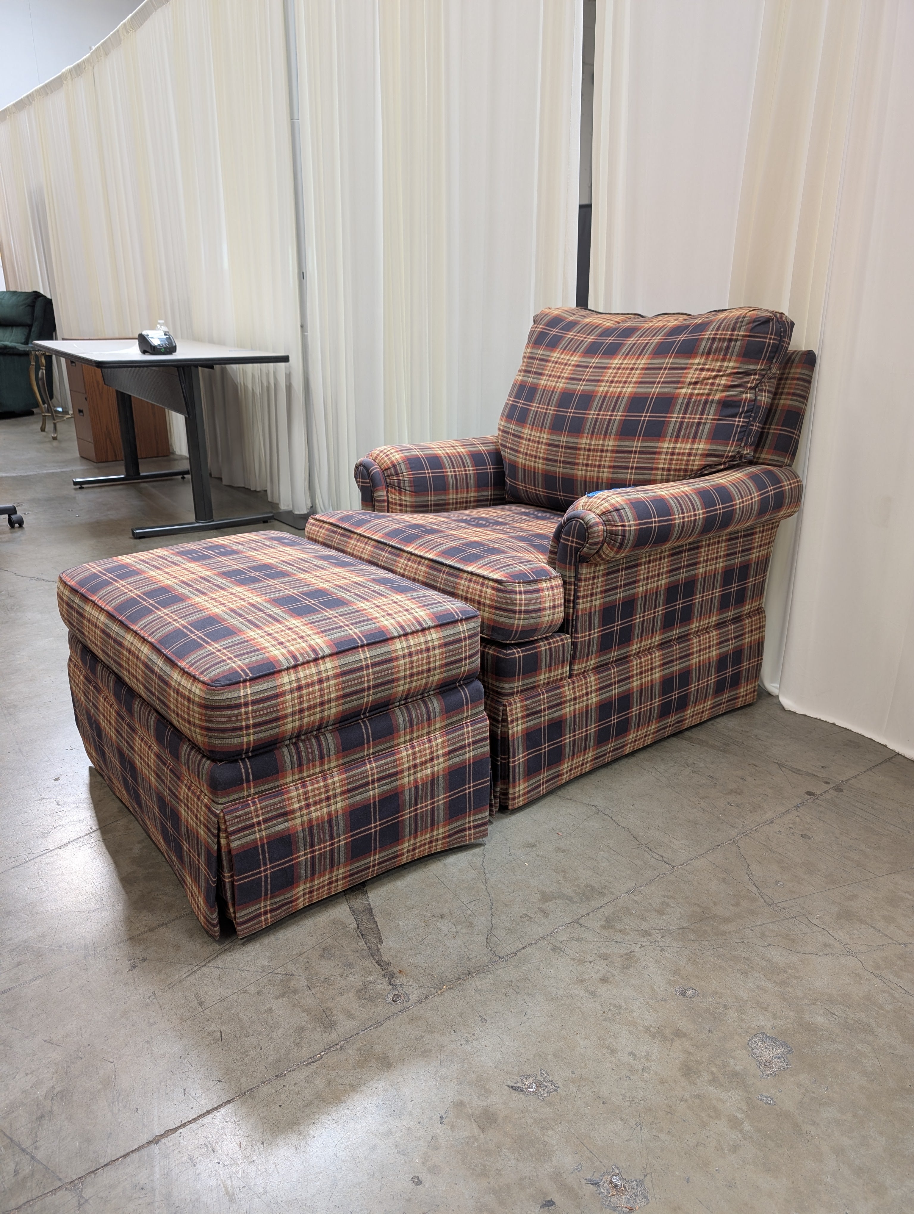 Ethan Allen Multi-Color Plaid Textile Armchair and Ottoman
