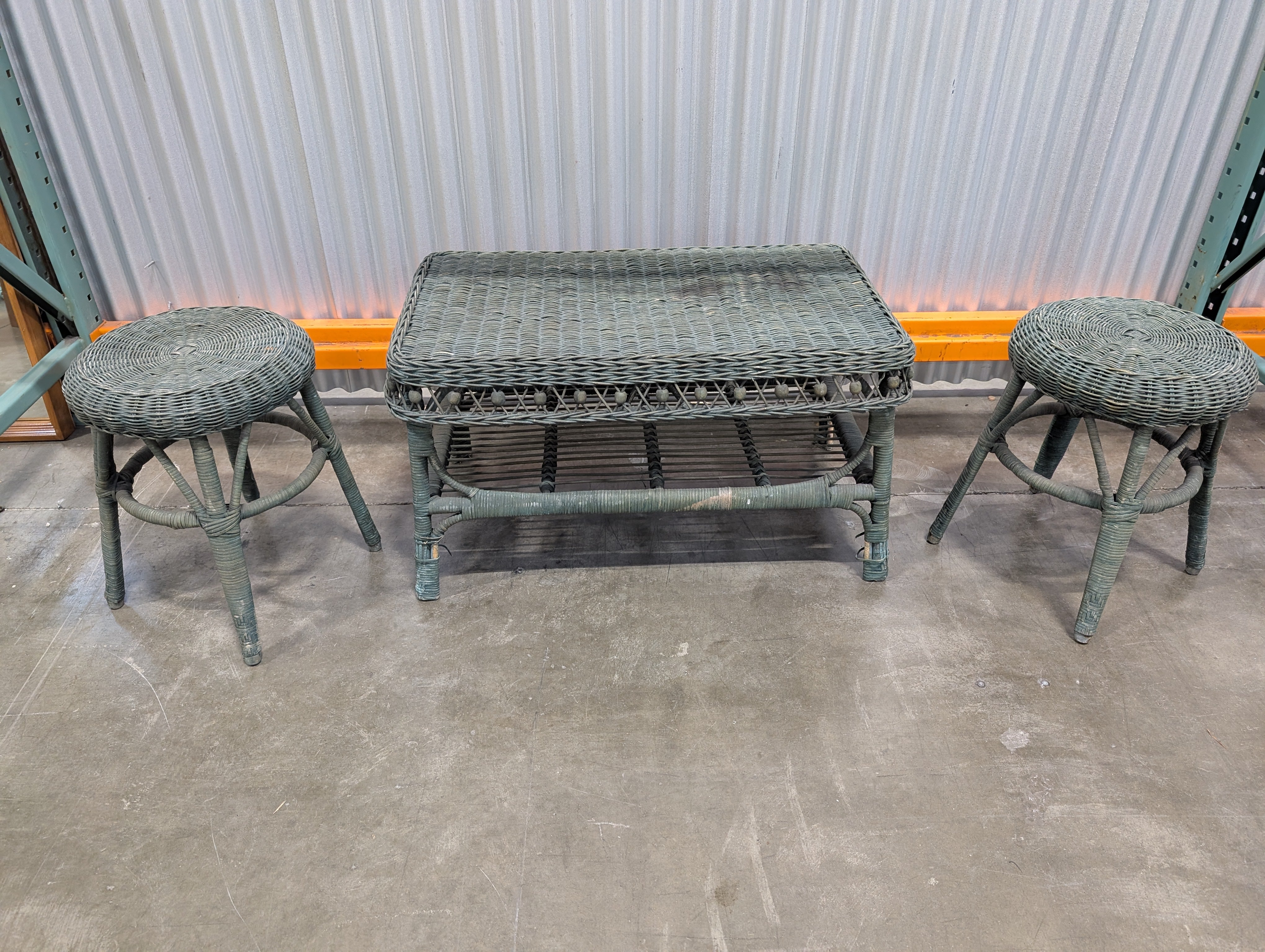 Pair of Green Wicker and Table