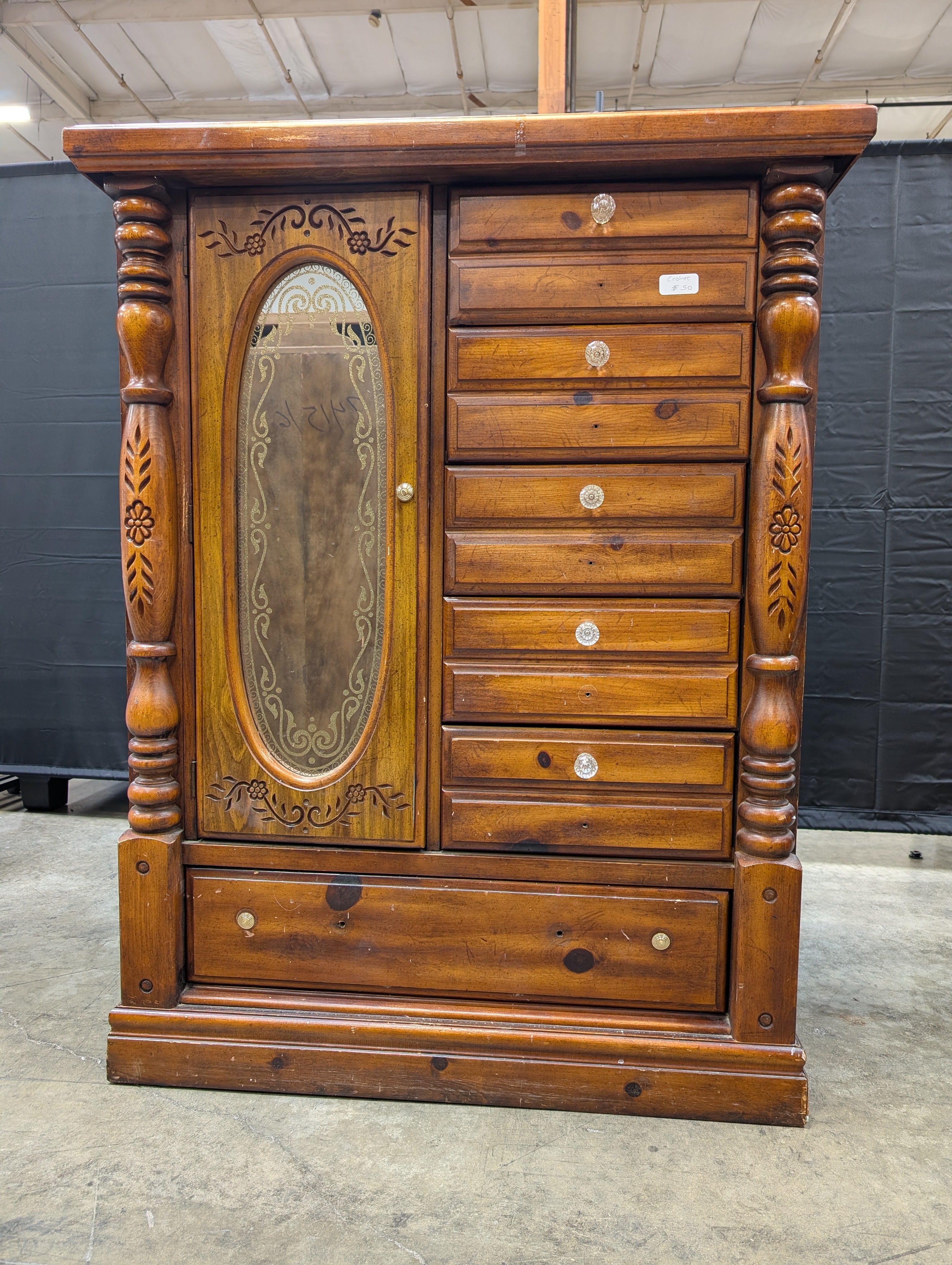 Traditional Hardwood  Armoire with Mirrored Door and Carved Details