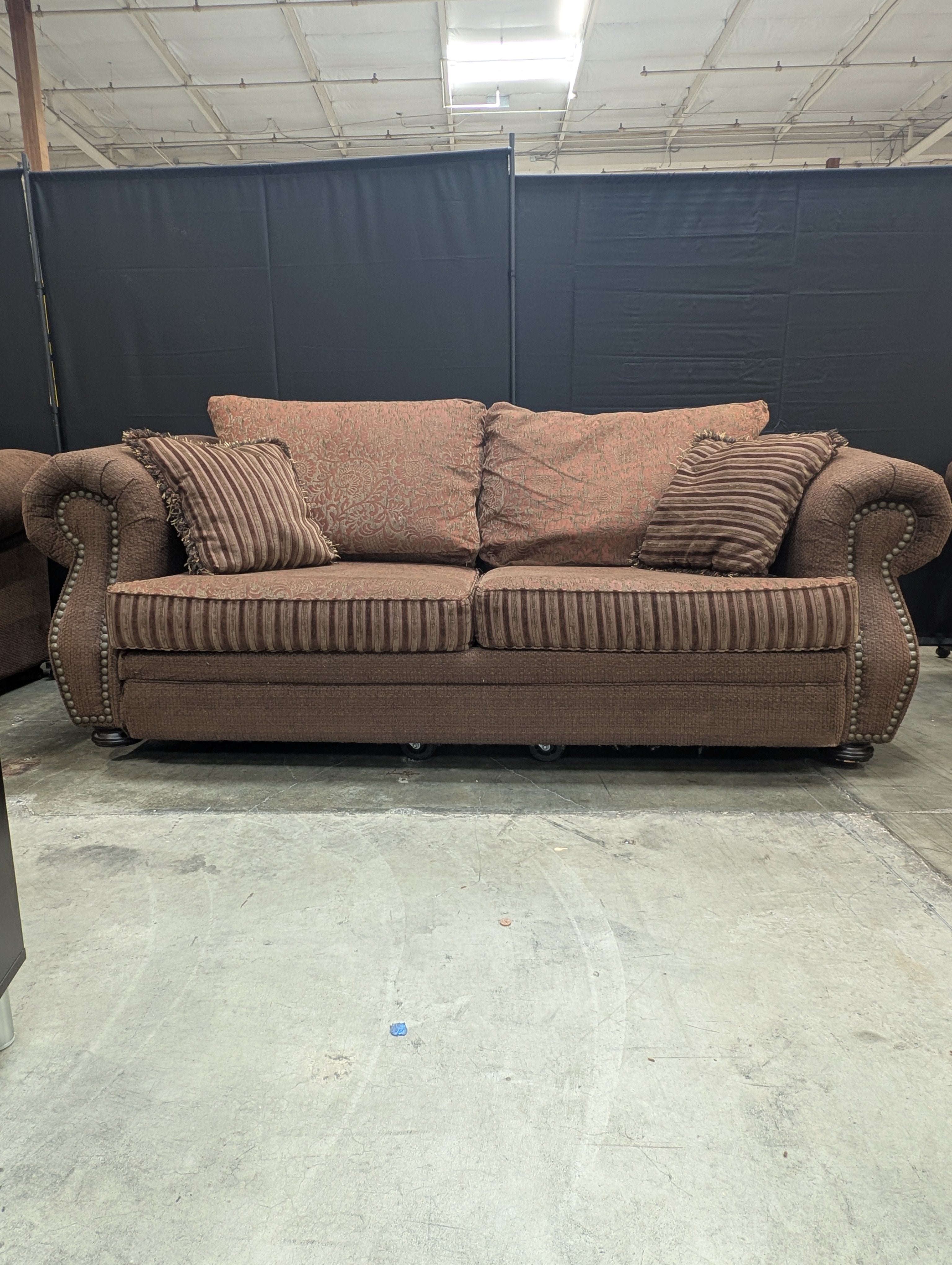 Traditional Brown Fabric Two-Seater Sofa with Nailhead Trim
