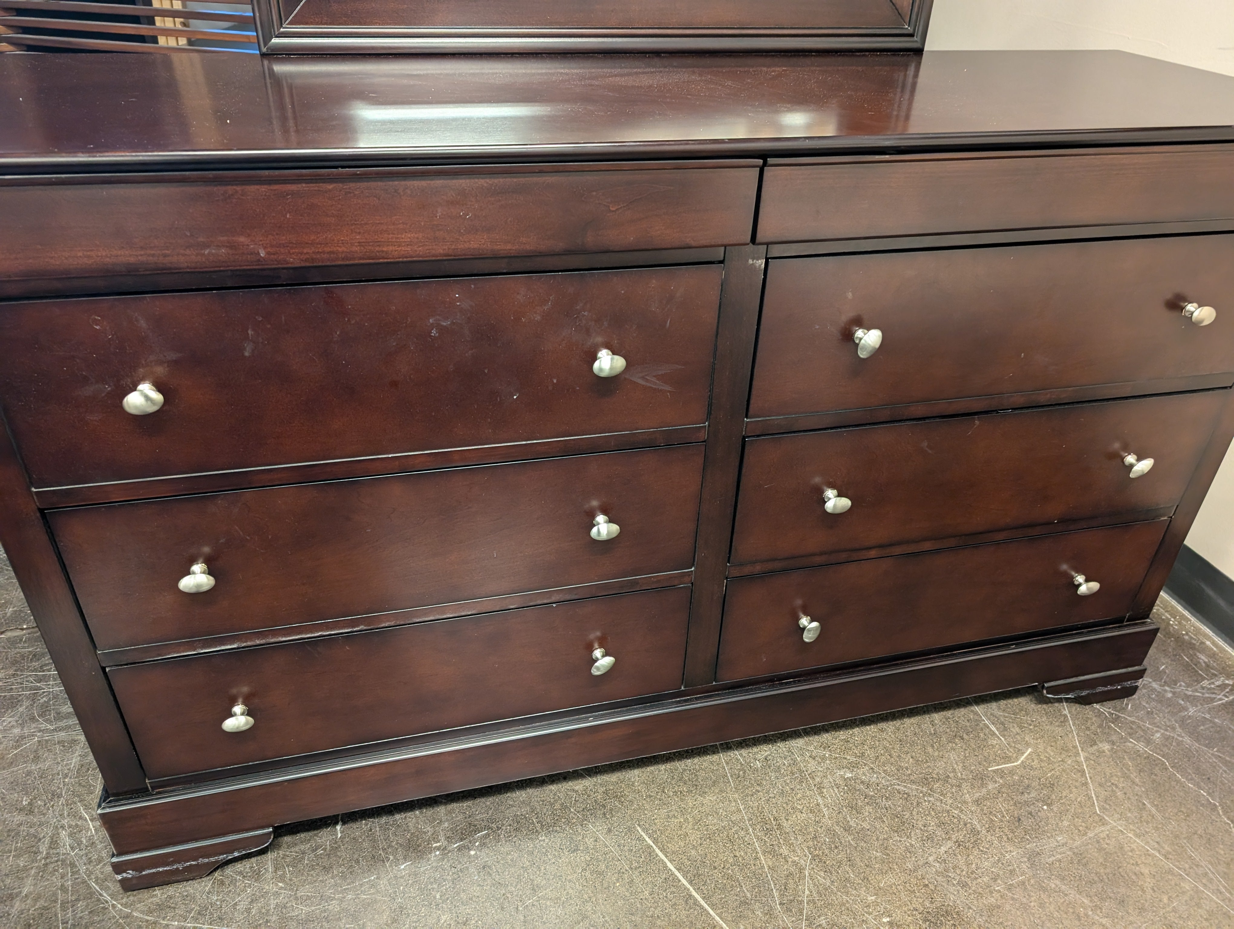 Dark Cherry Finish Six-Drawer Dresser with Framed Mirror