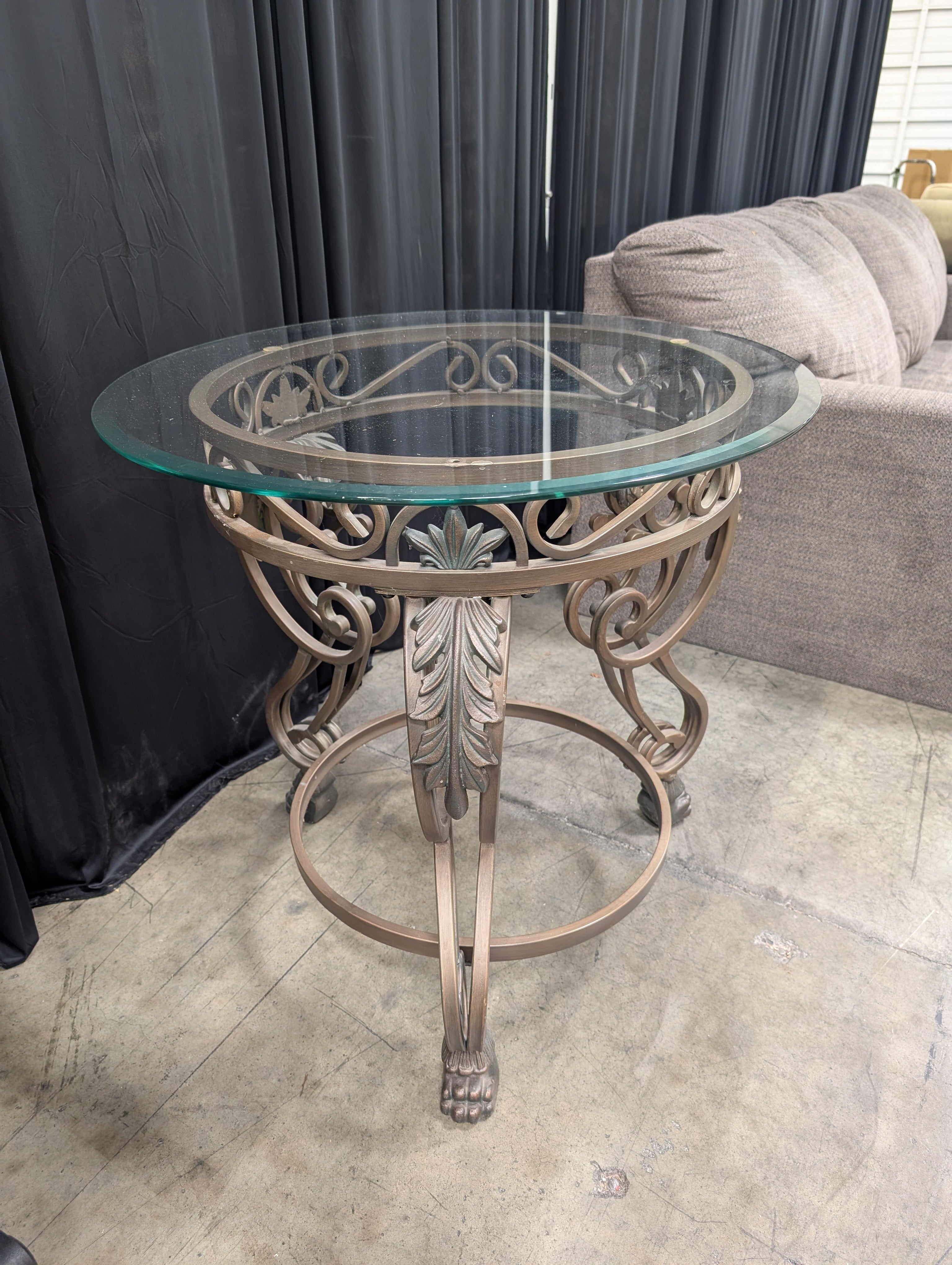 Ornate Bronze Finish Round End Table with Glass Top