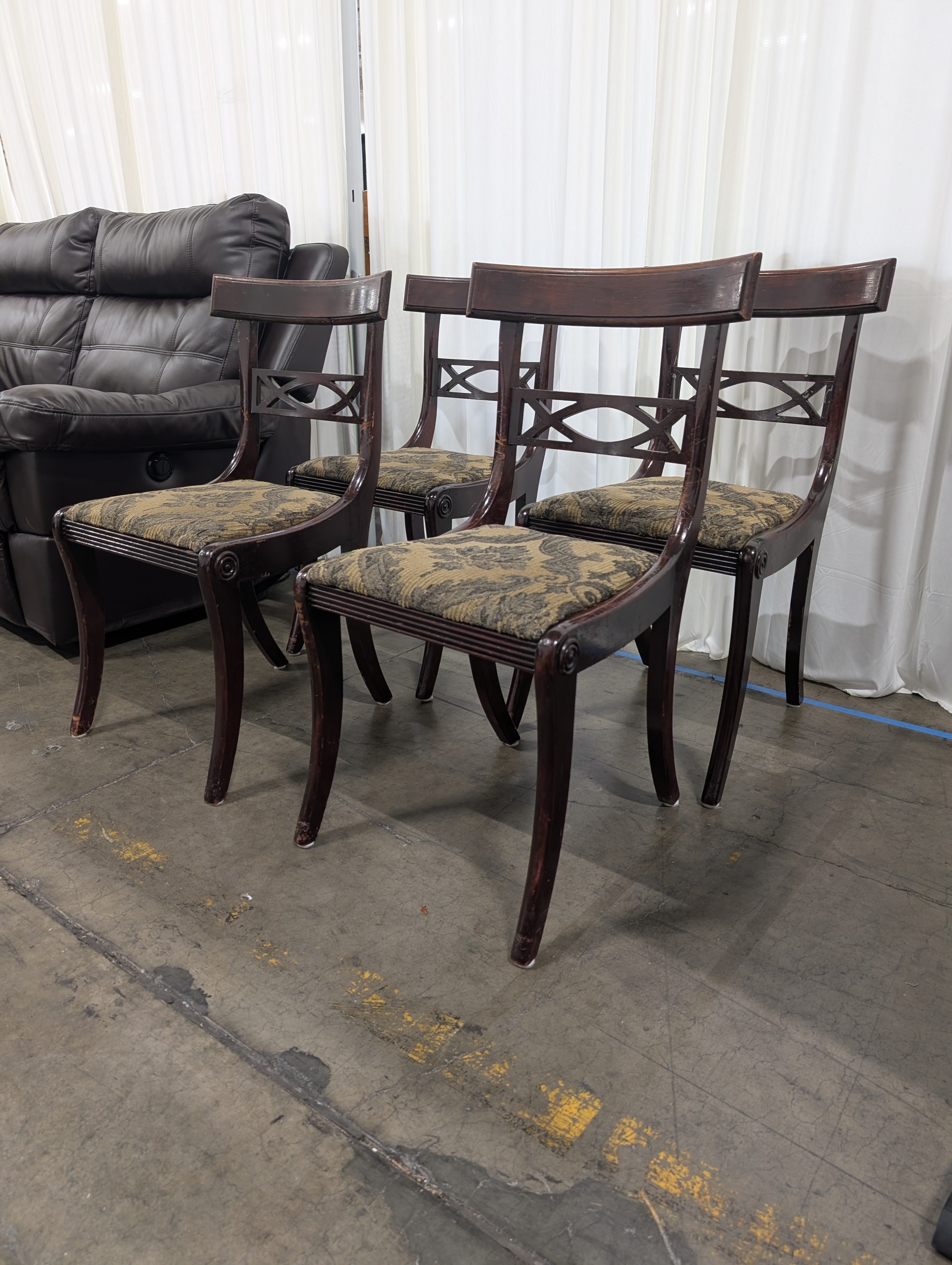 Set of Four Dark Wood Upholstered Dining Chair with X-Back