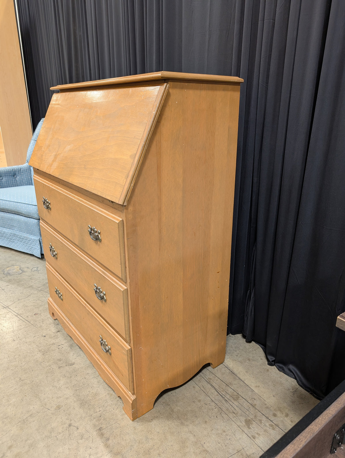 Natural Tone Wood Drop-Front Desk with Three Drawers