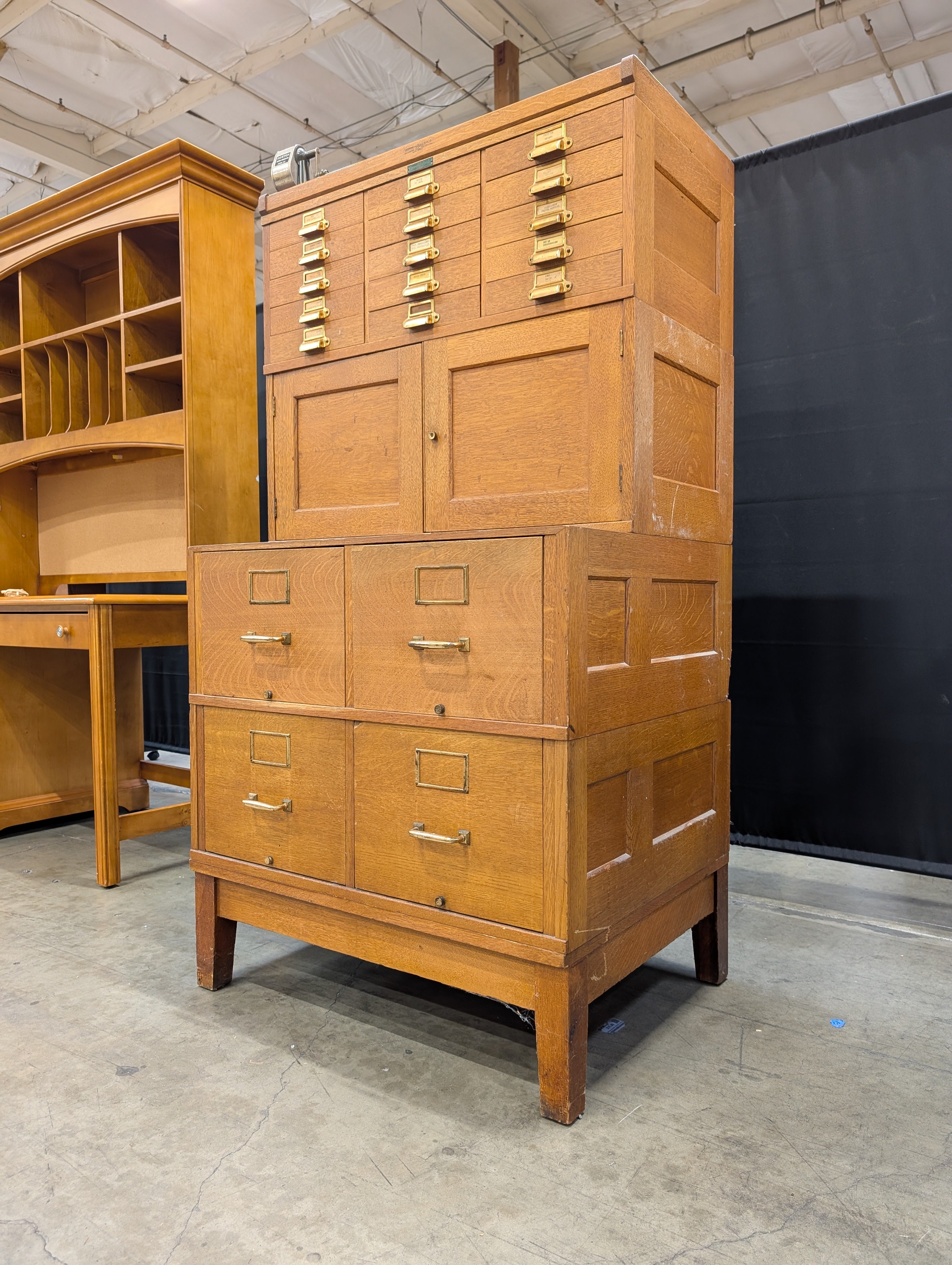 Vintage Yawman & Erbe Manufacturing Co. Oak Multi-Drawer Filing Cabinet with Brass Hardware