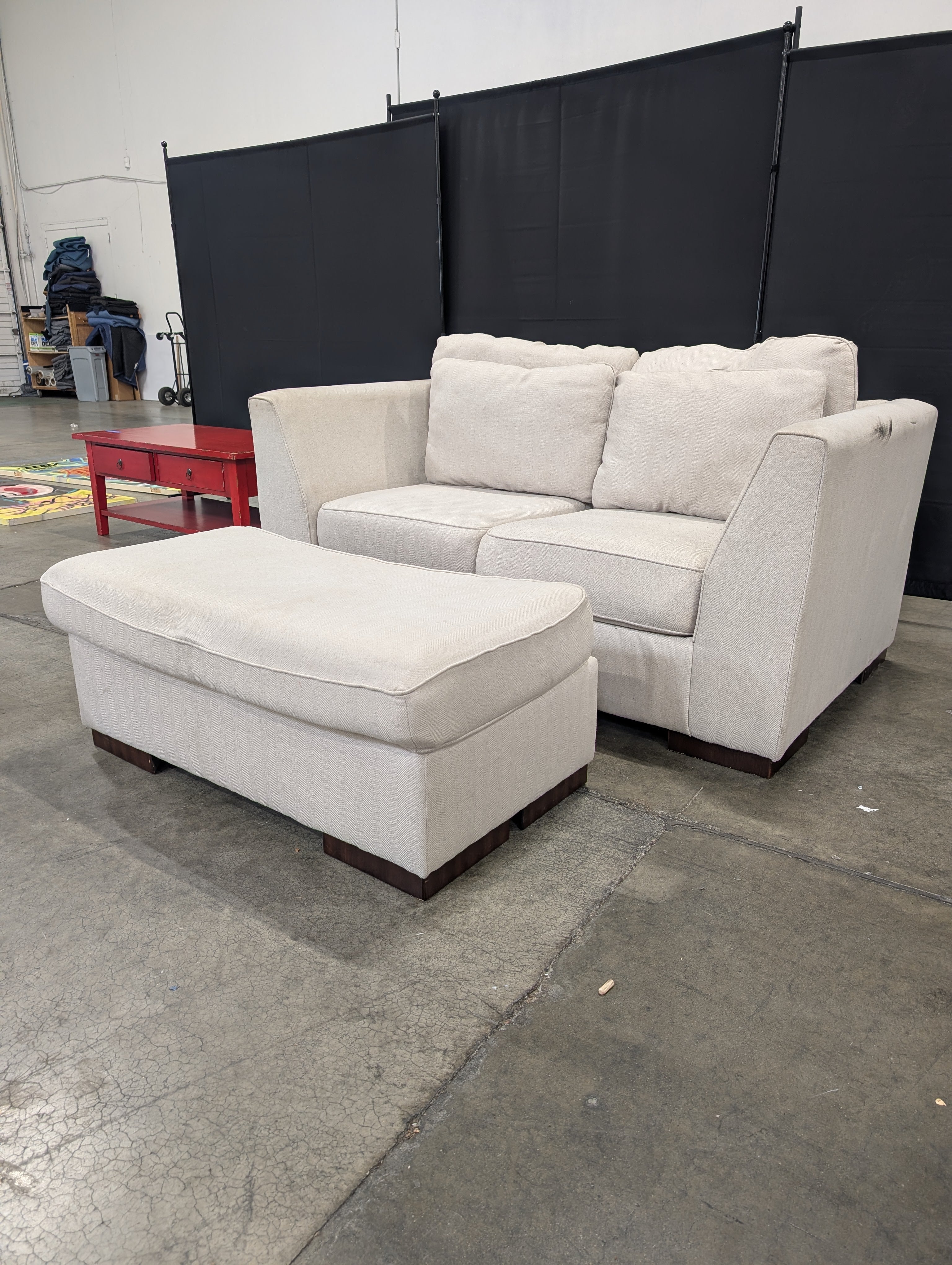 Light Beige Fabric Loveseat and Ottoman