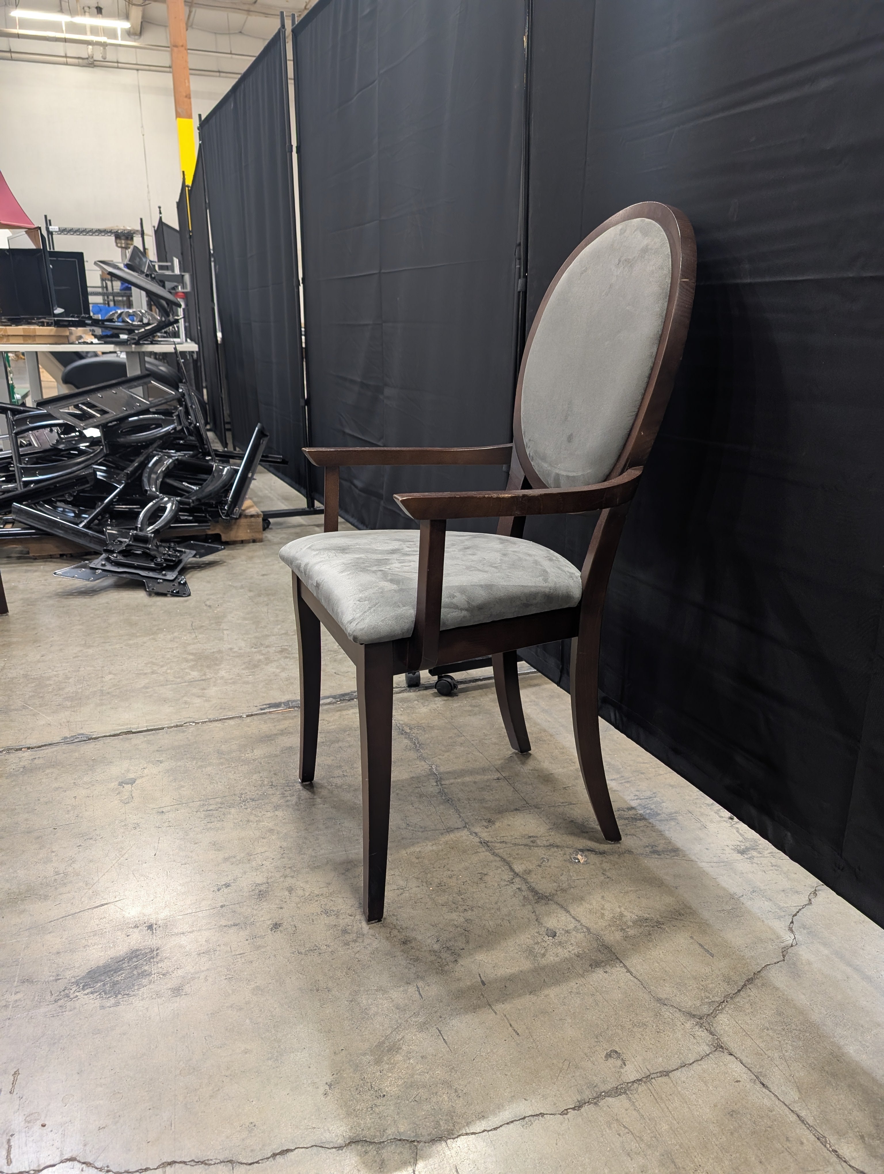 Dinec Oval Back Wood Armchair with Grey Upholstery