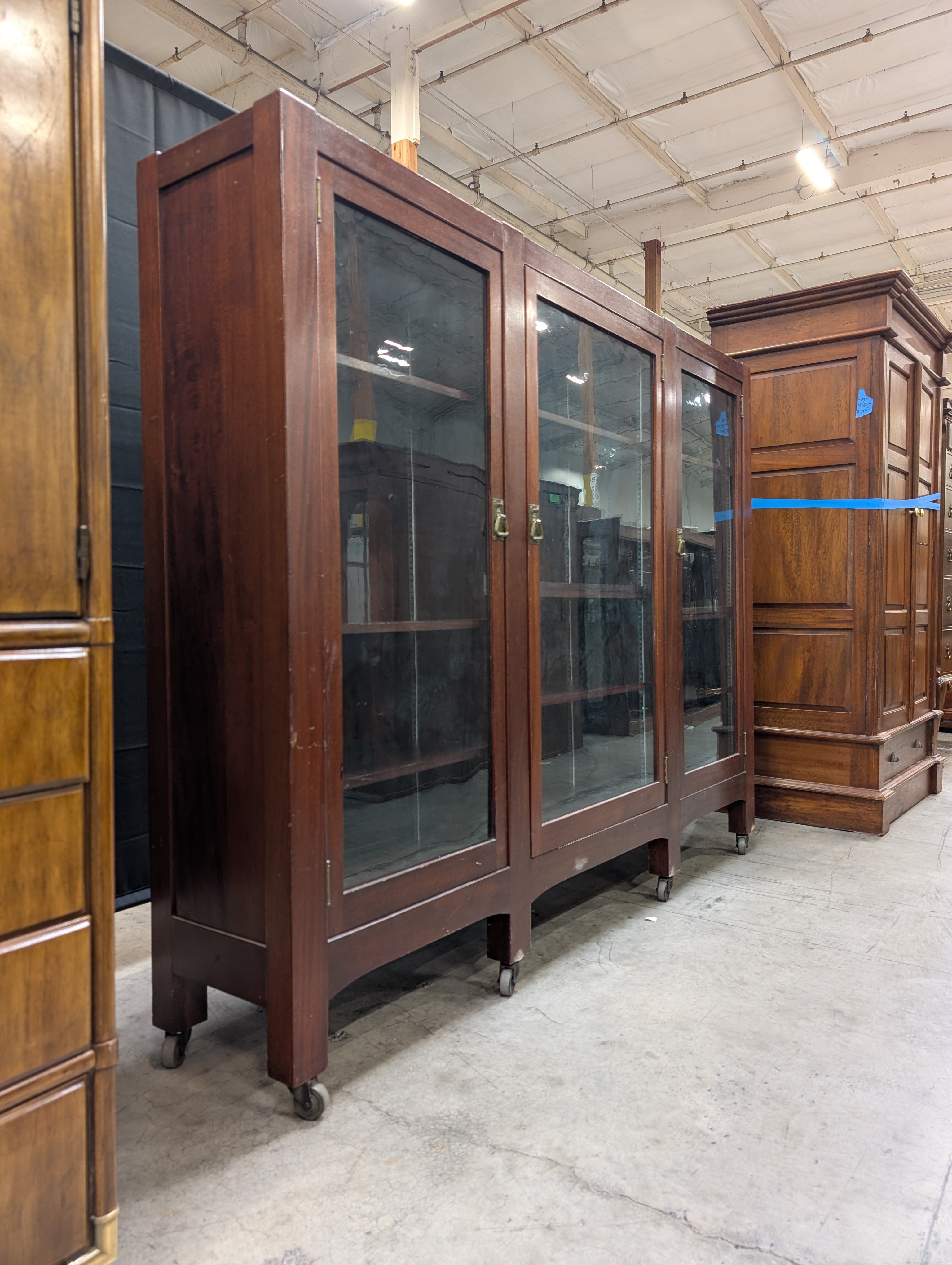Traditional Dark Wood Triple Glass Door Display Cabinet
