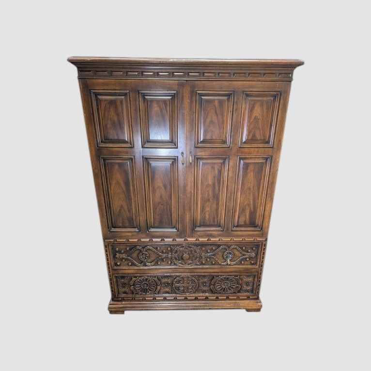 John Widdicomb Hand-Carved Dark Wood Armoire Cabinet