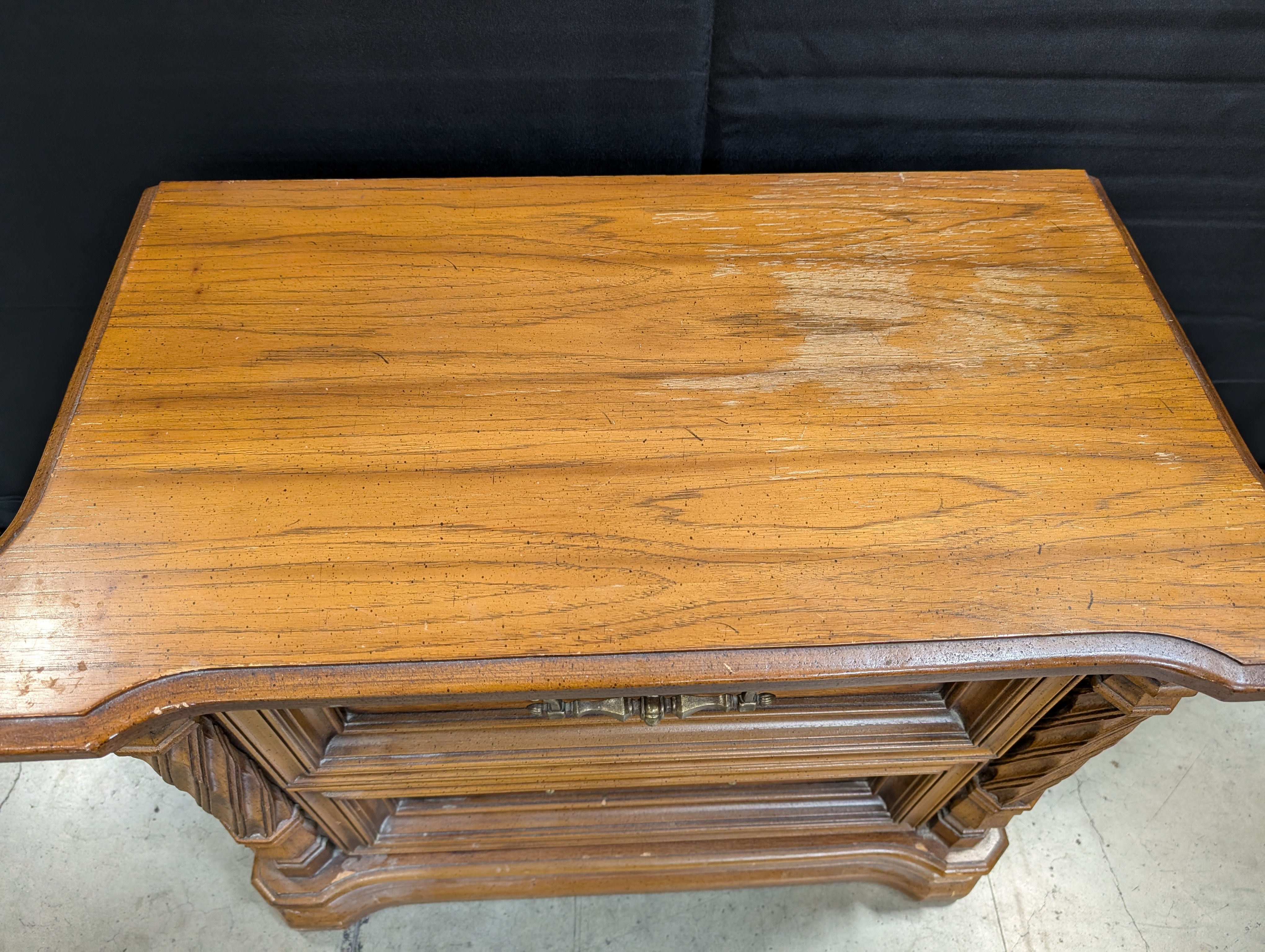 Vintage Wooden Nightstand with Two Drawers, Ornate Pulls & Carved Accents