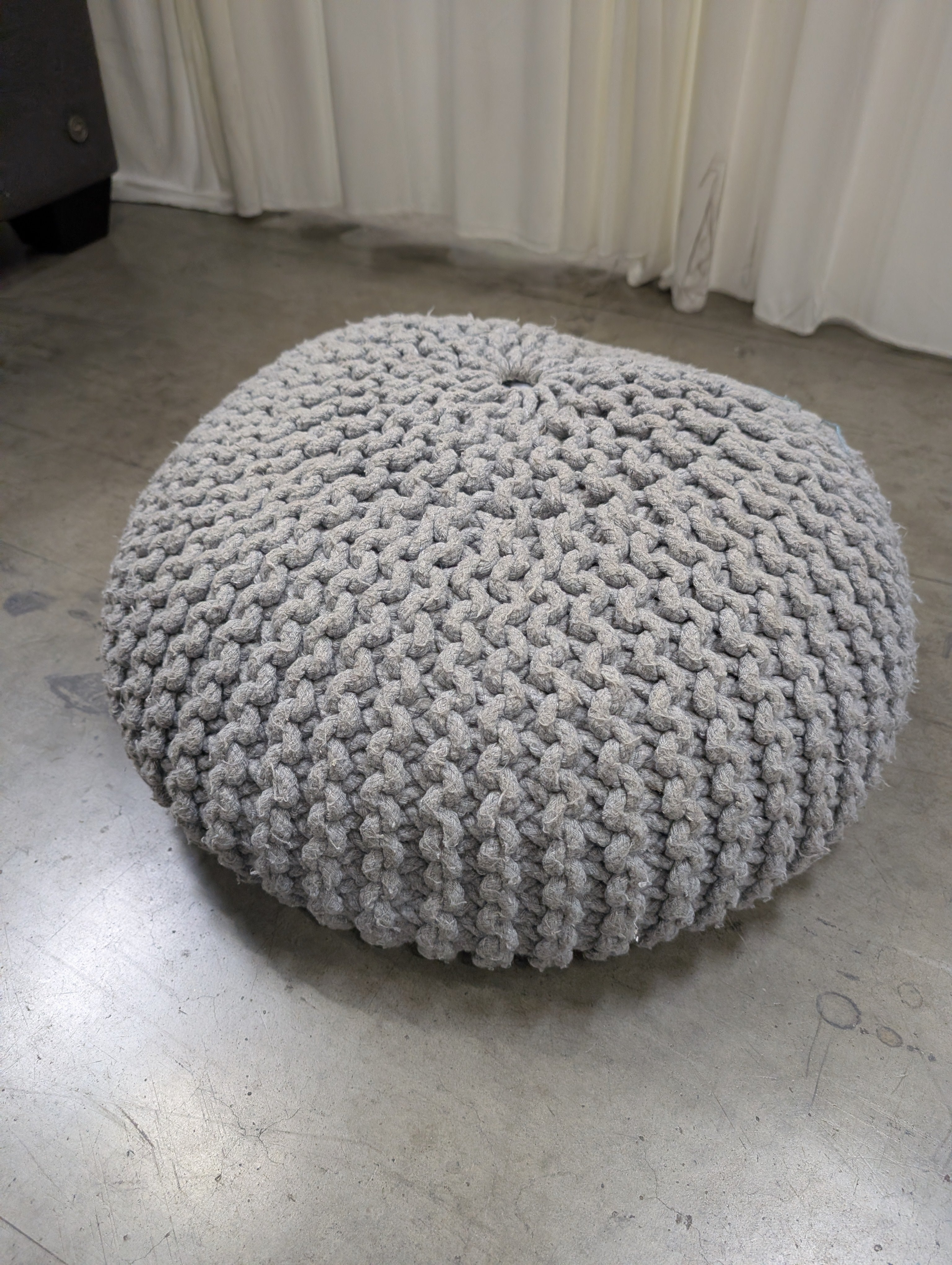Round Grey Knitted Pouf Ottoman