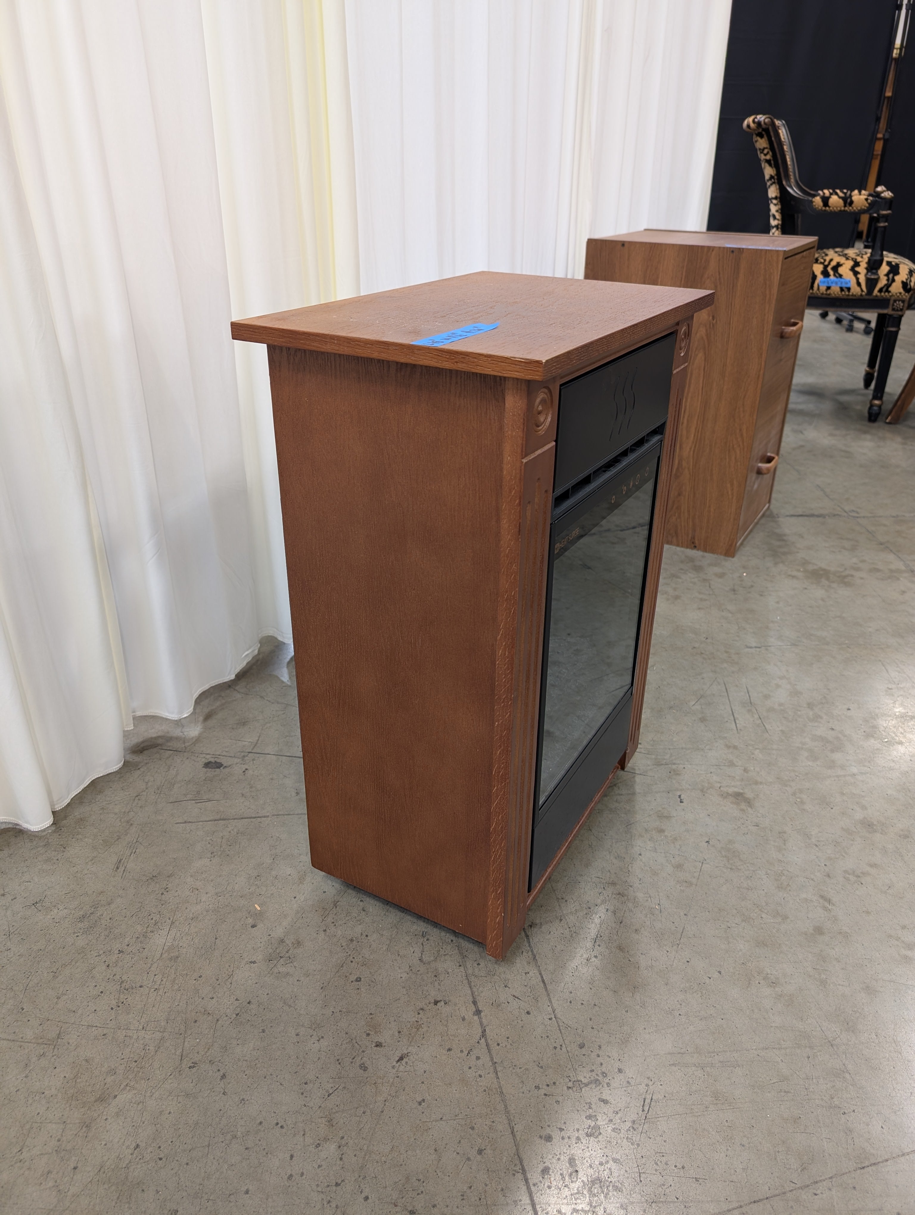Compact Freestanding Electric Fireplace with Dark Wood Mantel