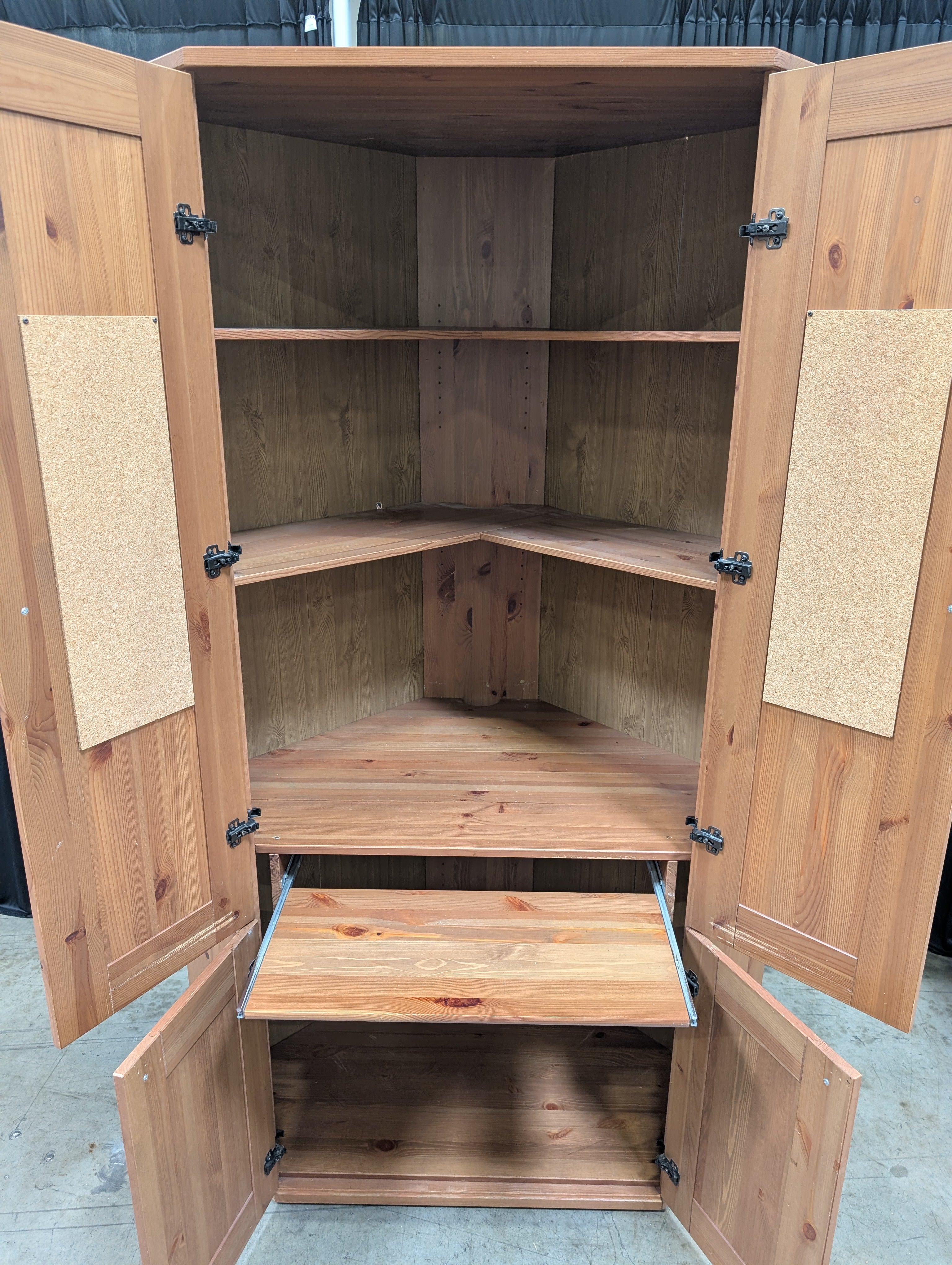 Rustic Pine Corner Armoire with Paneled Doors
