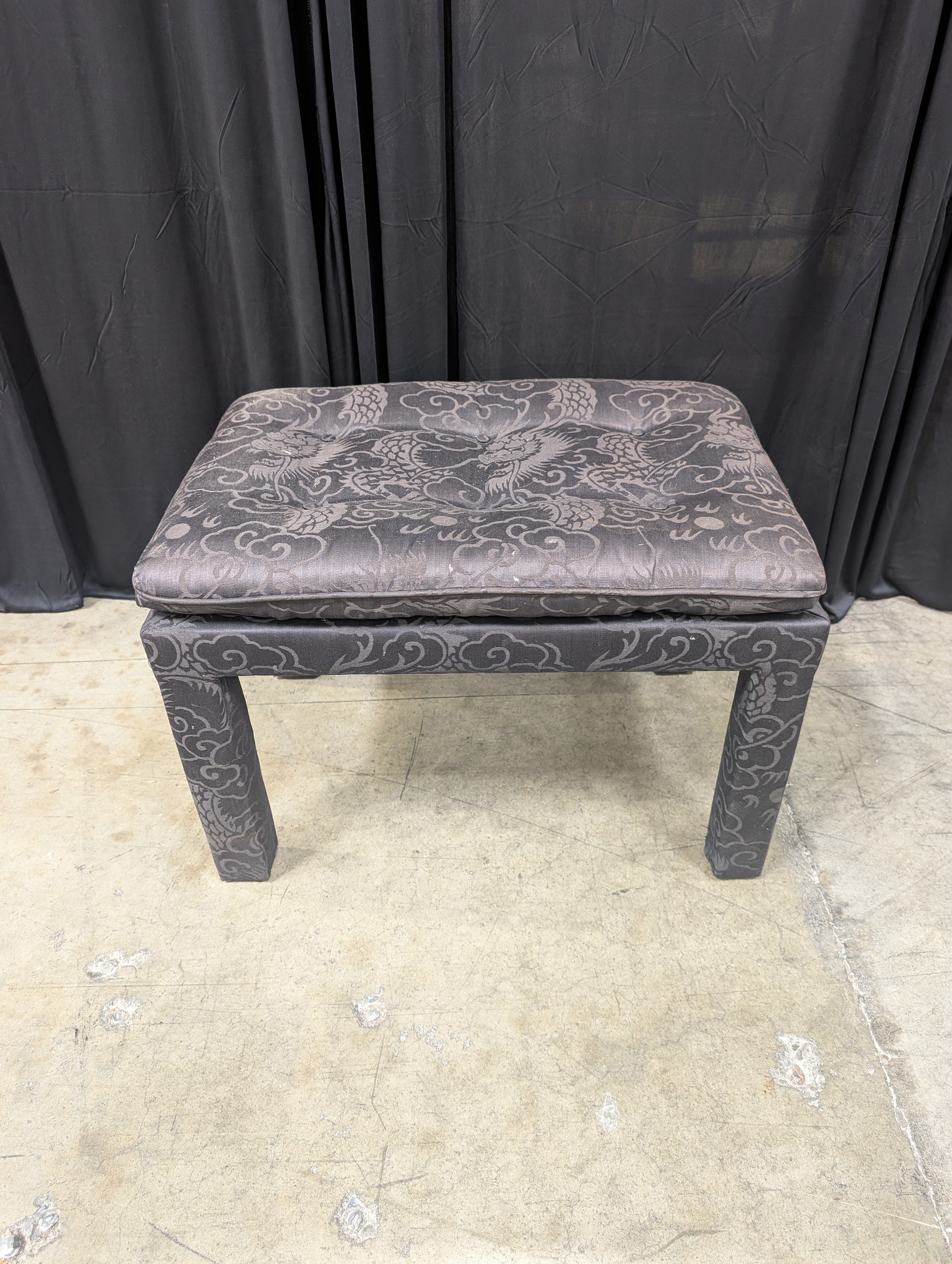 Patterned Dark Brown Fabric Ottoman with Tufted Cushion