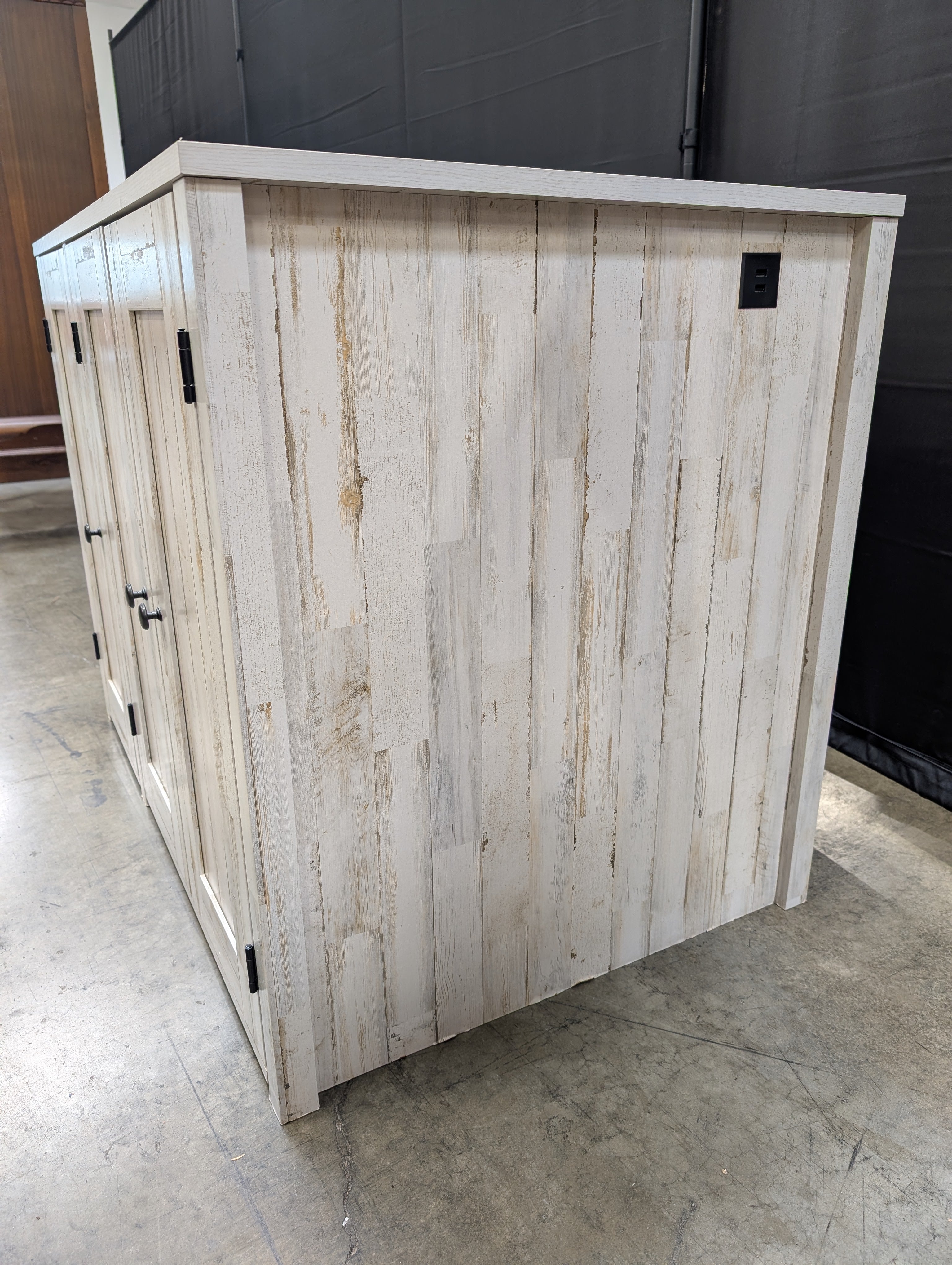 Distressed White Plank Wood Storage Cabinet