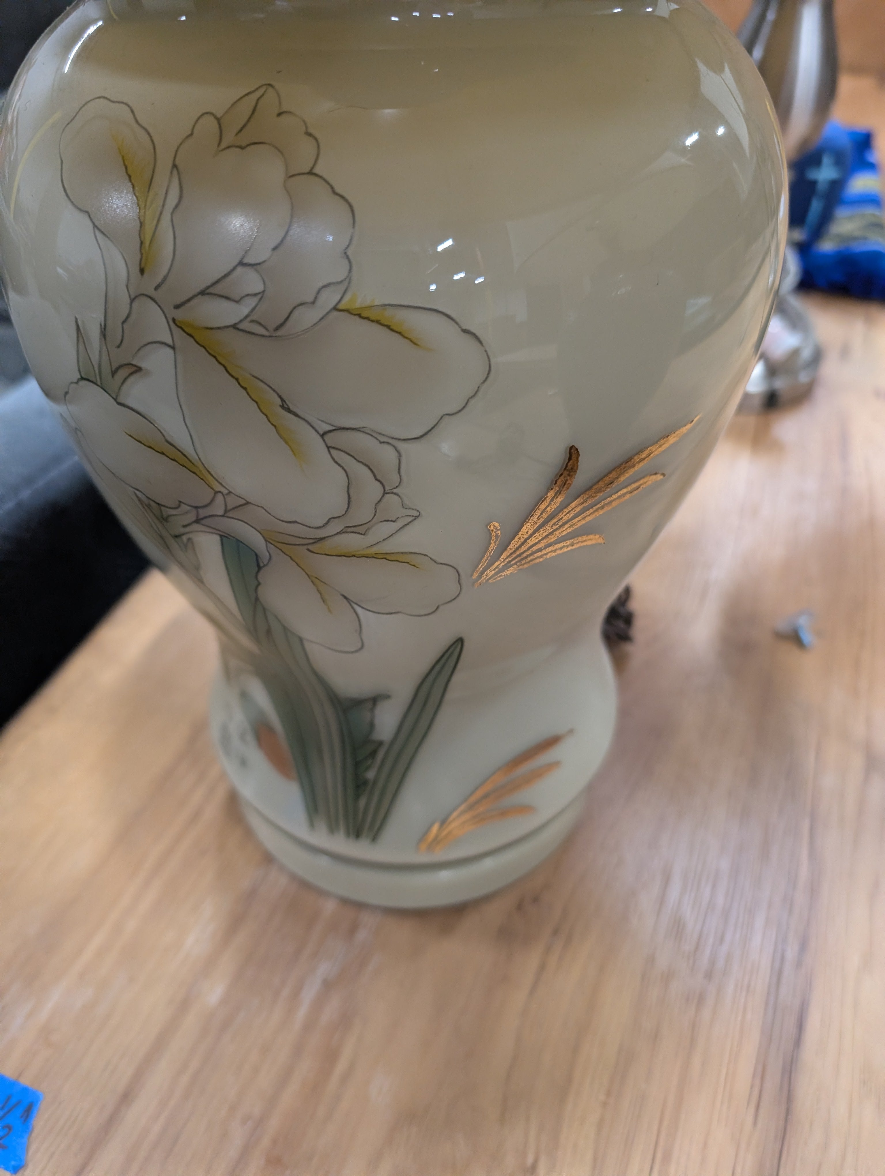 Decorative Cream Ceramic Urn Lamp Base with Gold Accents