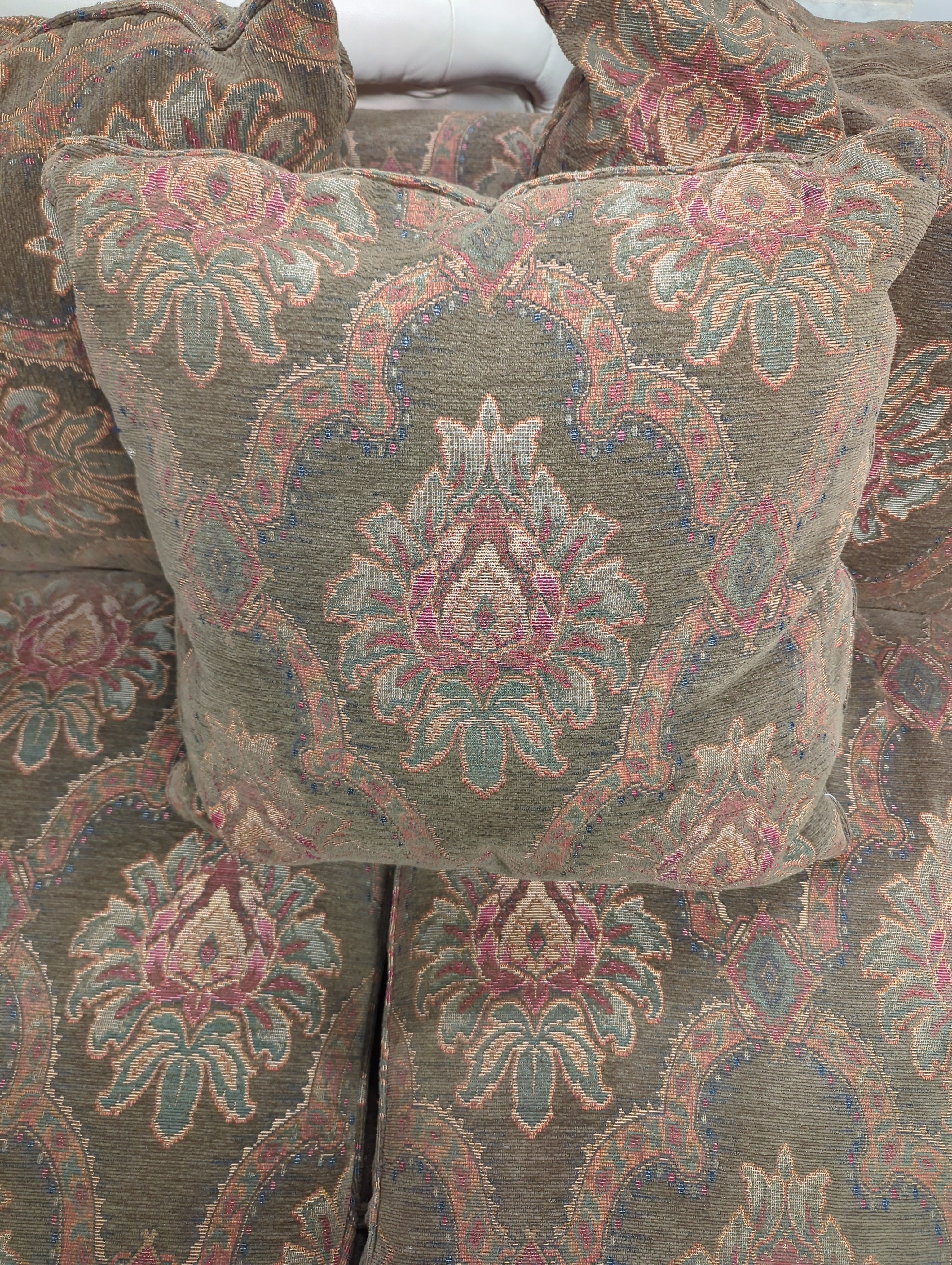 Custom Floral Patterned Wood Trim Sofa in Good Condition -