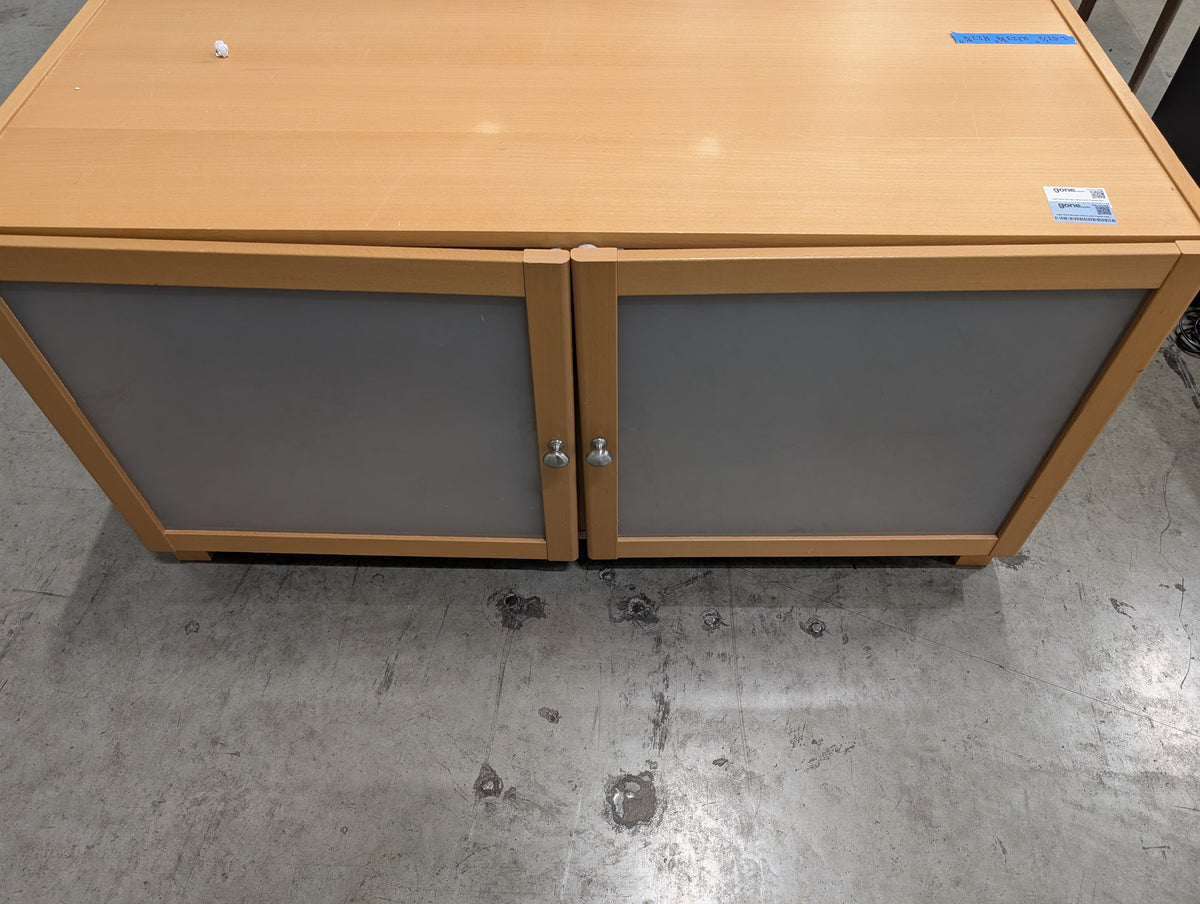Light Wood Storage Cabinet with Frosted Panel Doors and Open Cubby