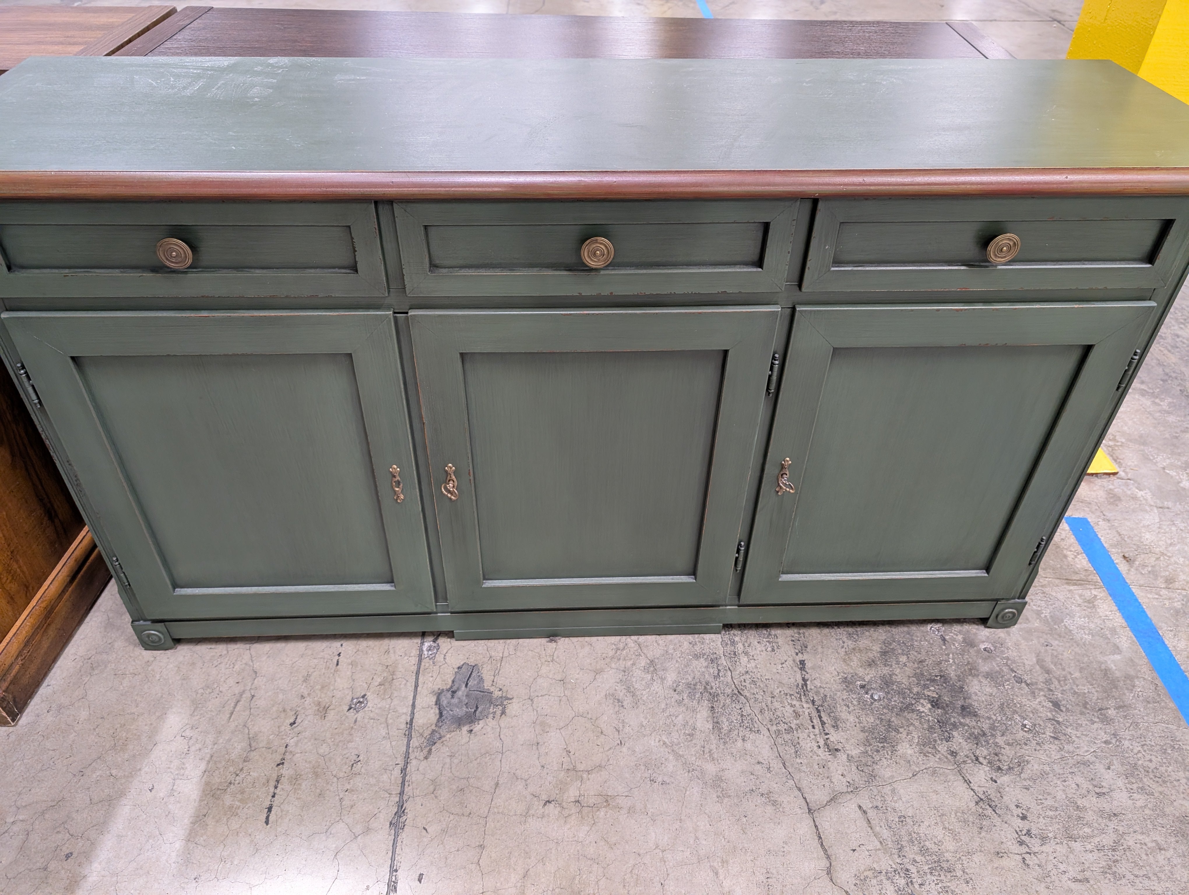 Rustic Dark Green Ballard Designs Buffet Cabinet with Wood Top