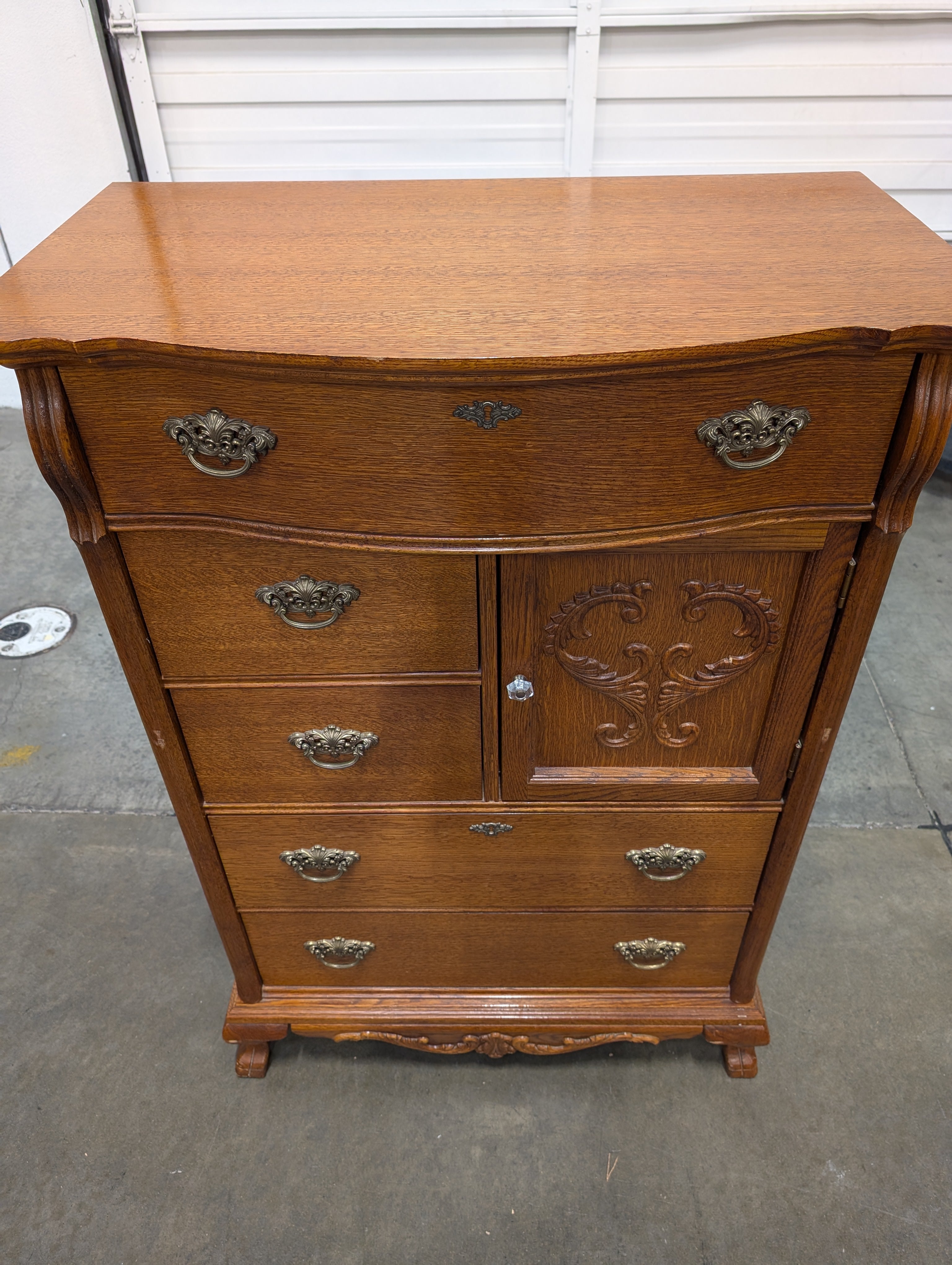 Vintage Oak Chiffonier with Carved Cabinet and Brass Hardware