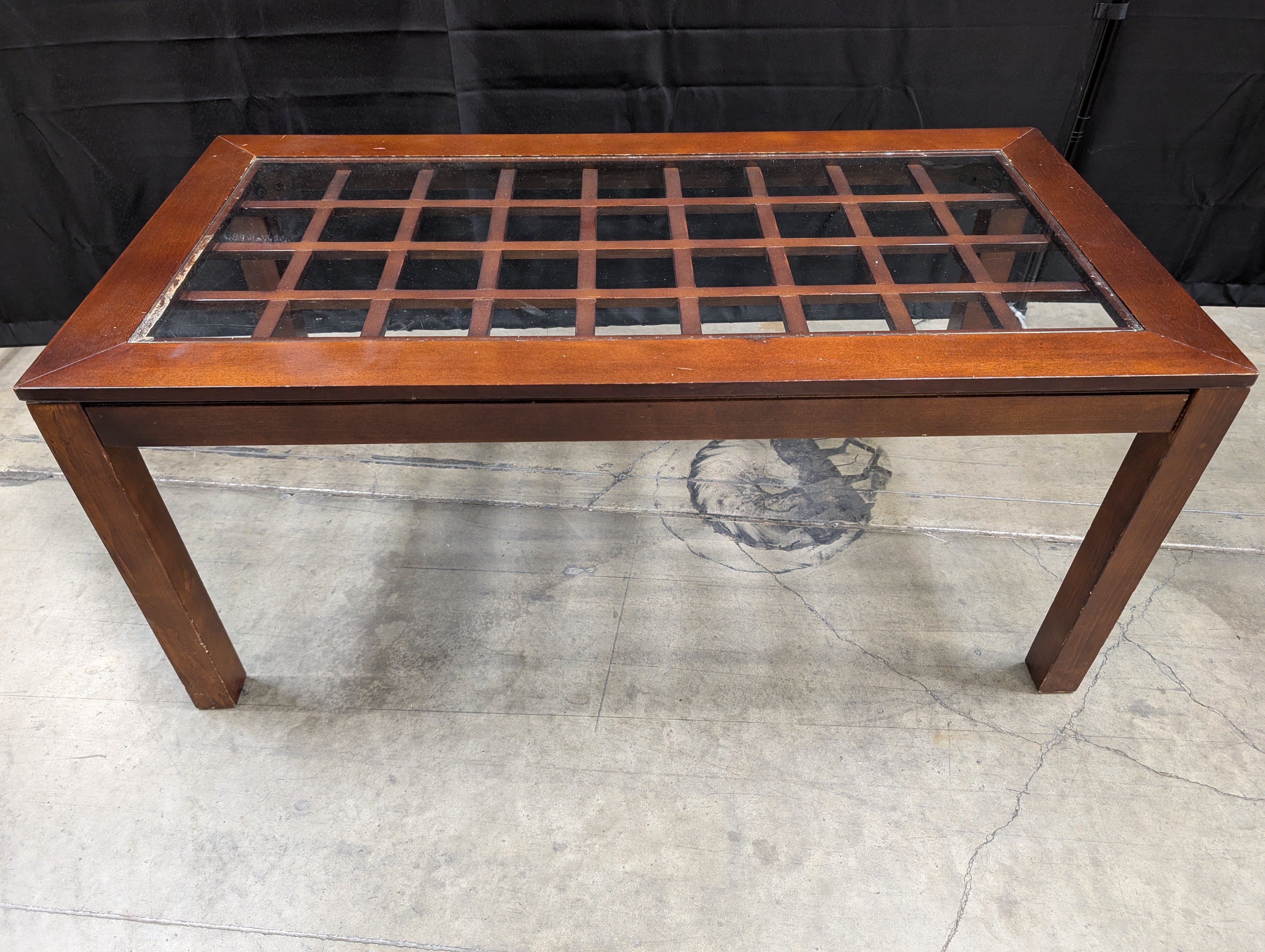 Rectangular Wood Coffee Table with Grid Glass Top