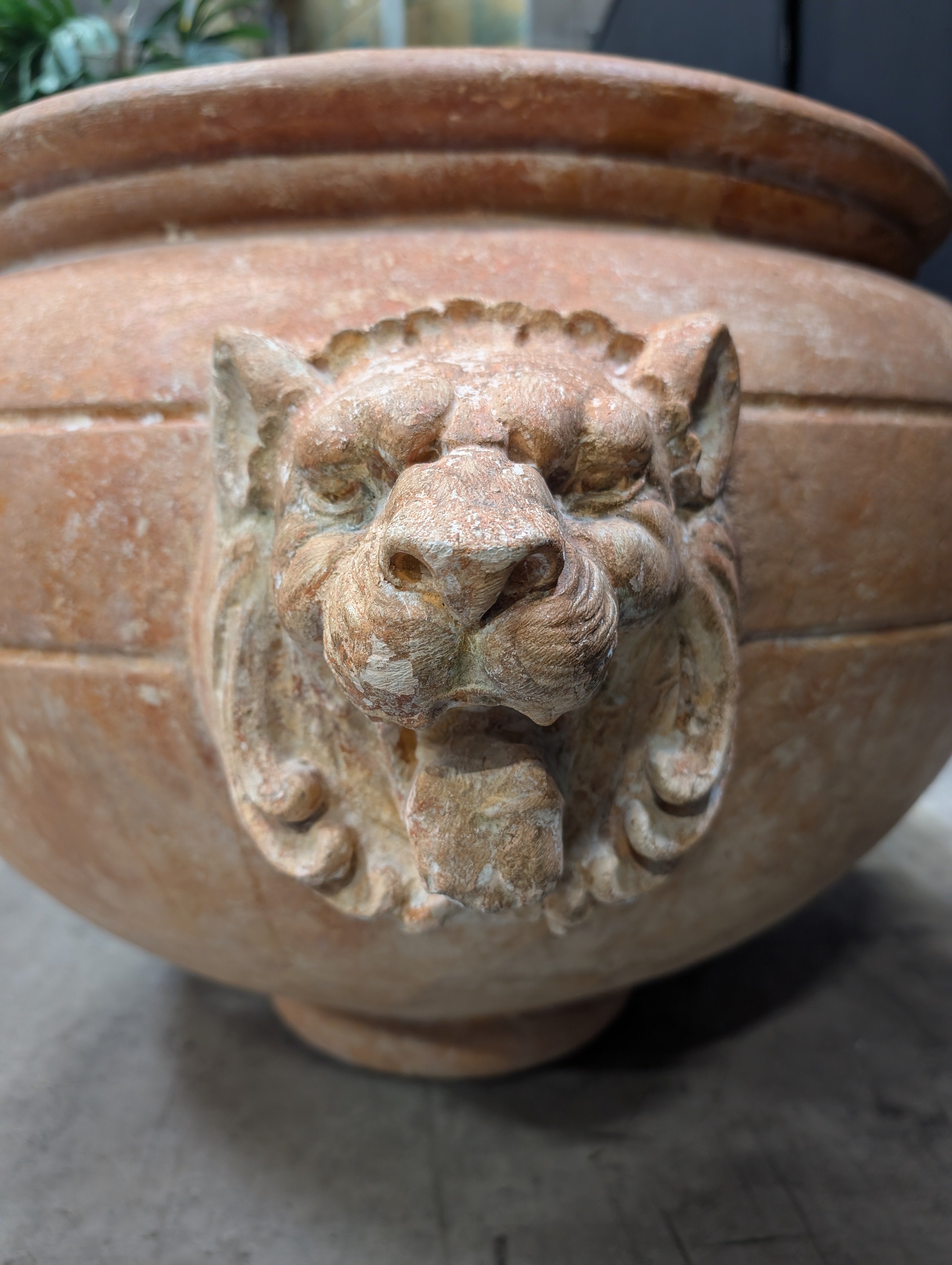 Ornate Terracotta-Style Planter with Lion Head Accents