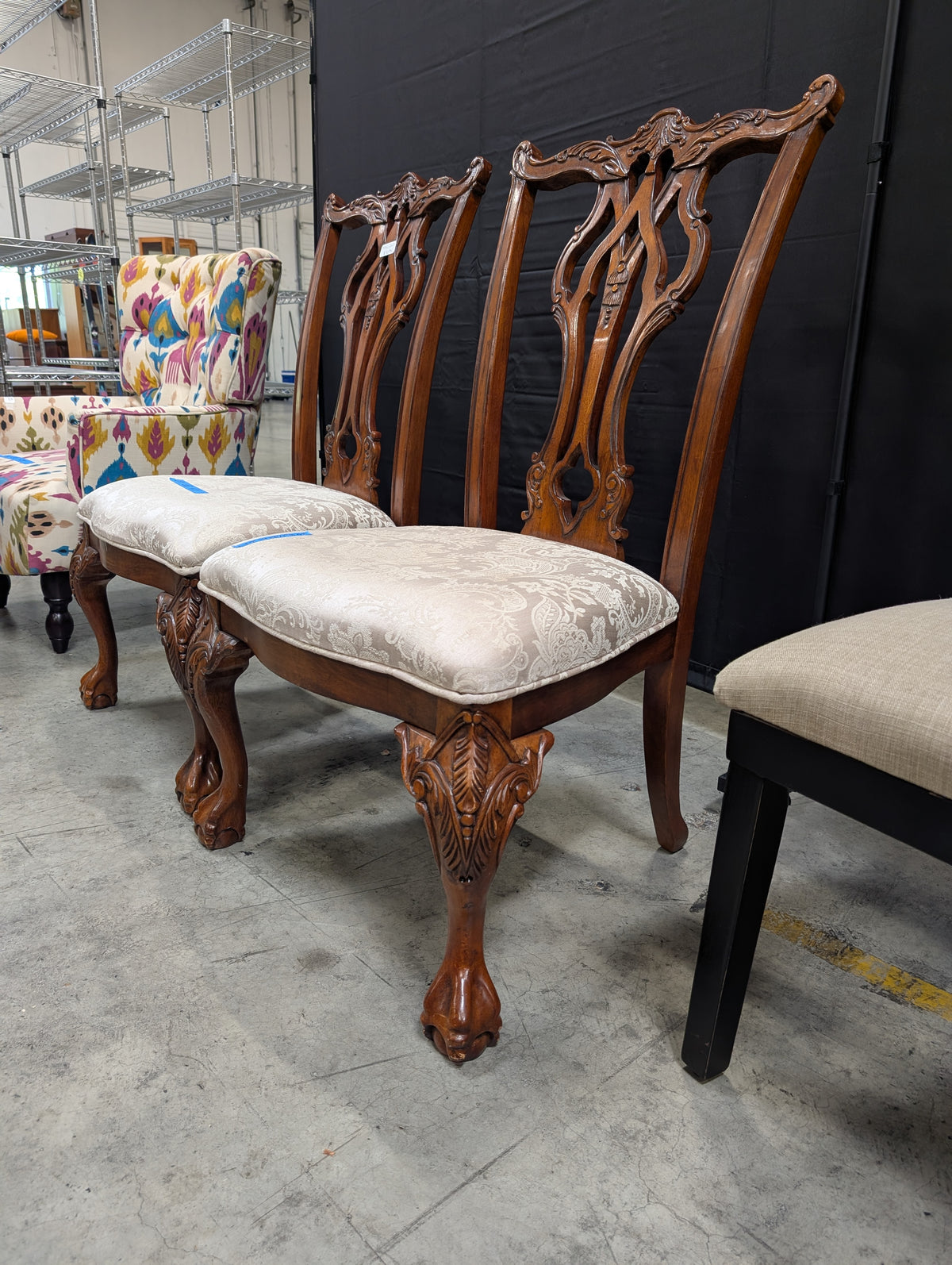 Traditional Carved Wood Dining Side Chair with Damask Upholstery