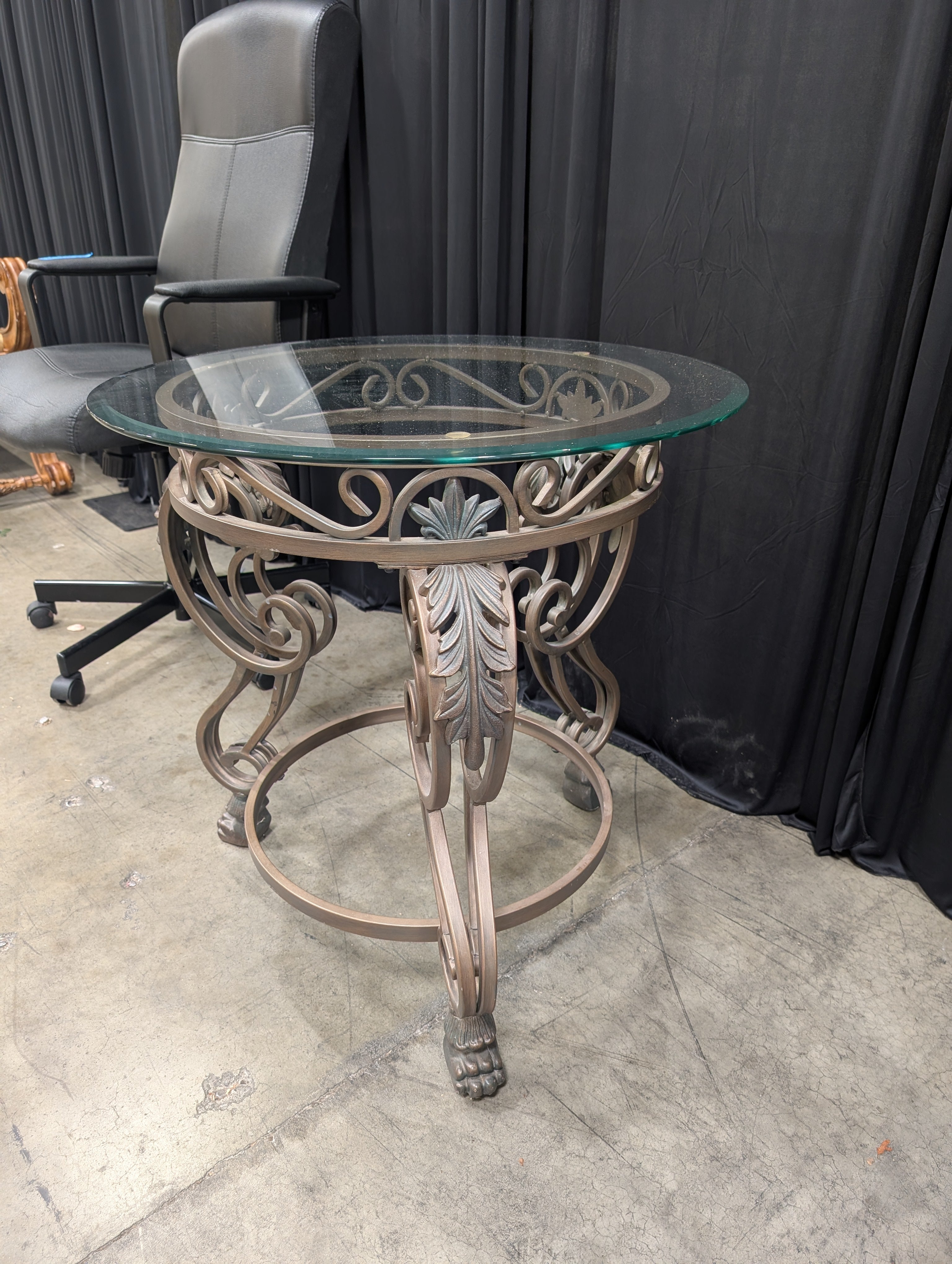 Ornate Bronze Finish Round End Table with Glass Top