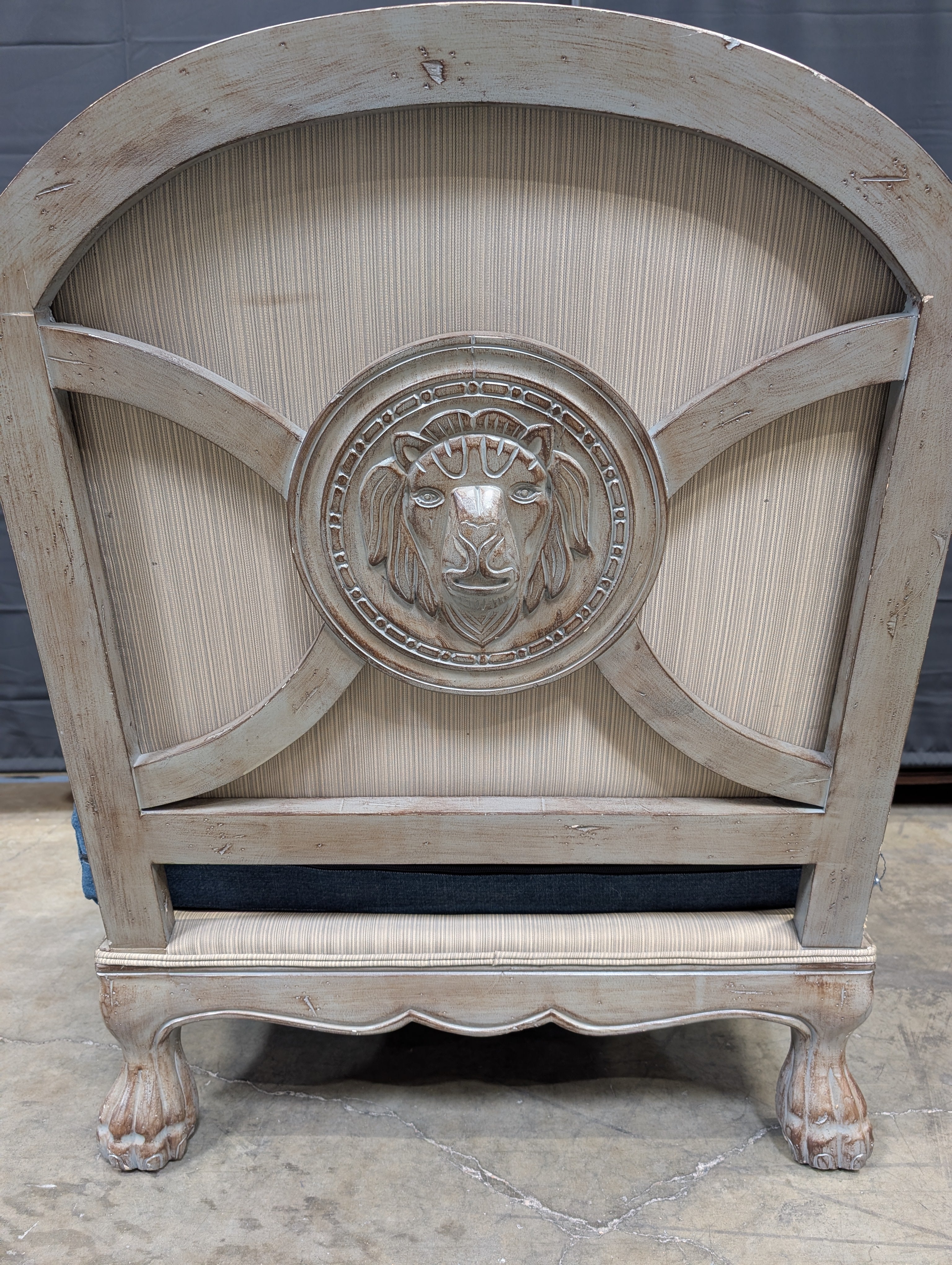 Vintage Style Blue Upholstered Armchair with Carved Wood Frame