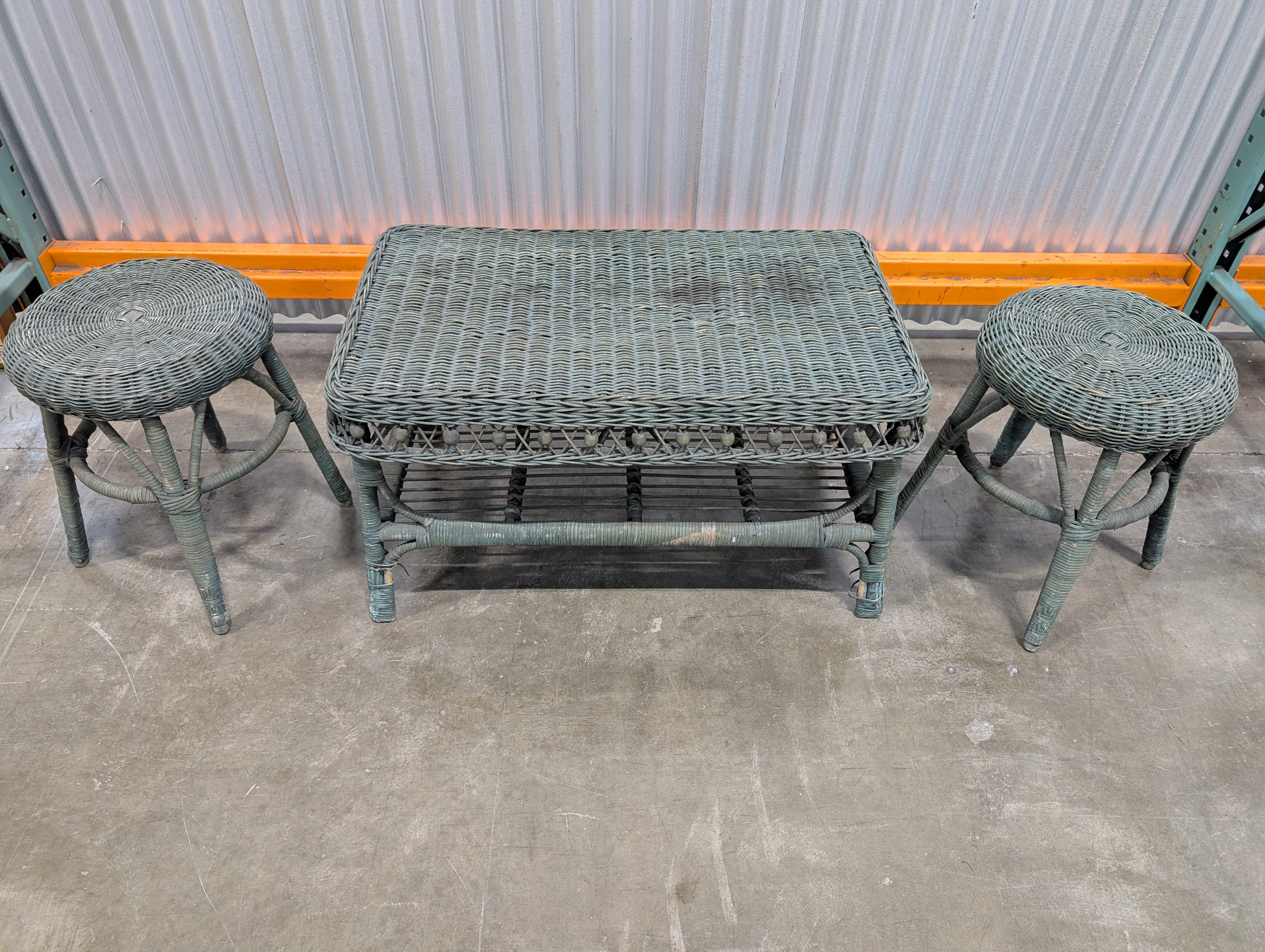 Pair of Green Wicker and Table