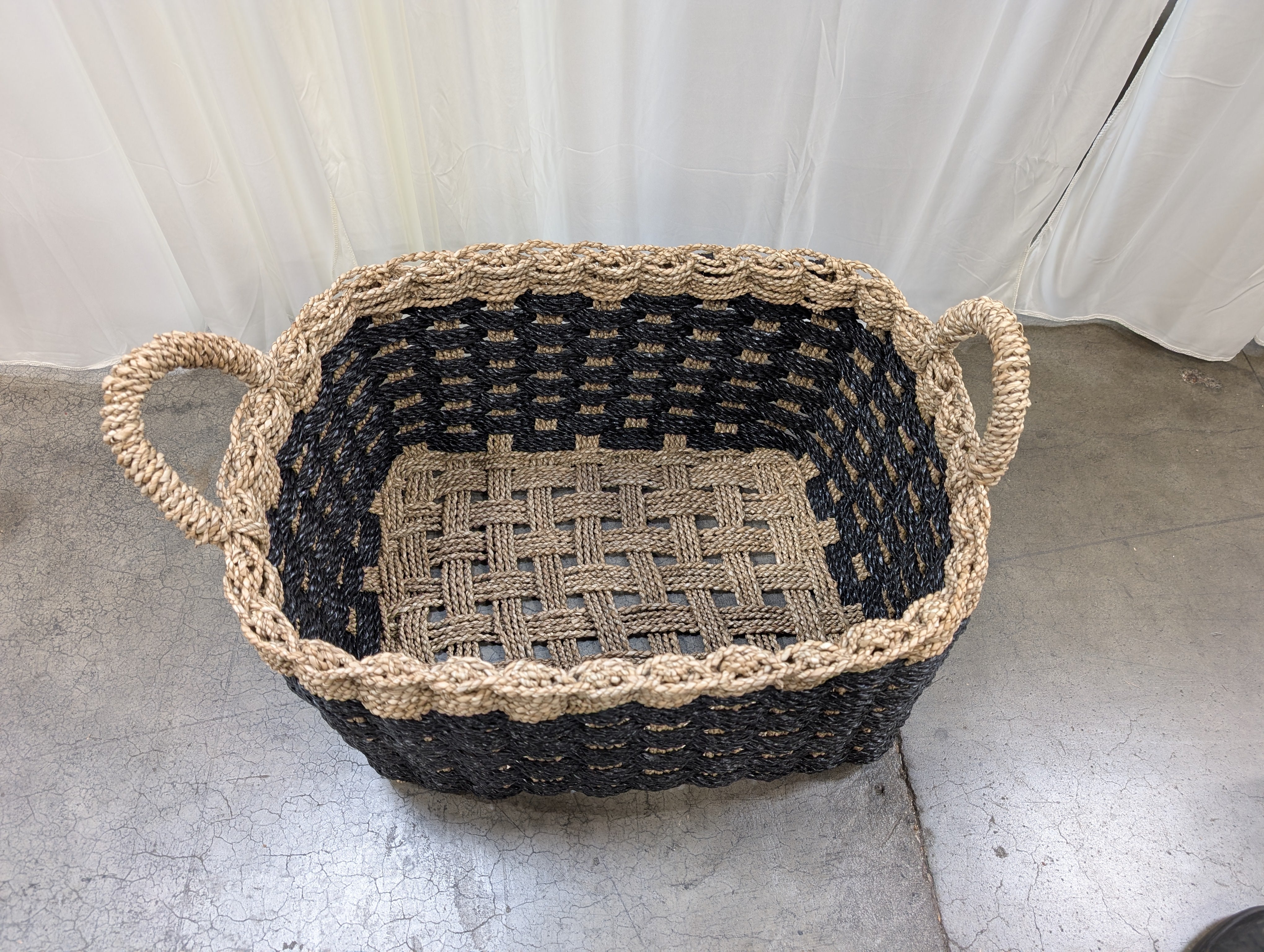 Two-Tone Woven Rectangular Basket with Handles